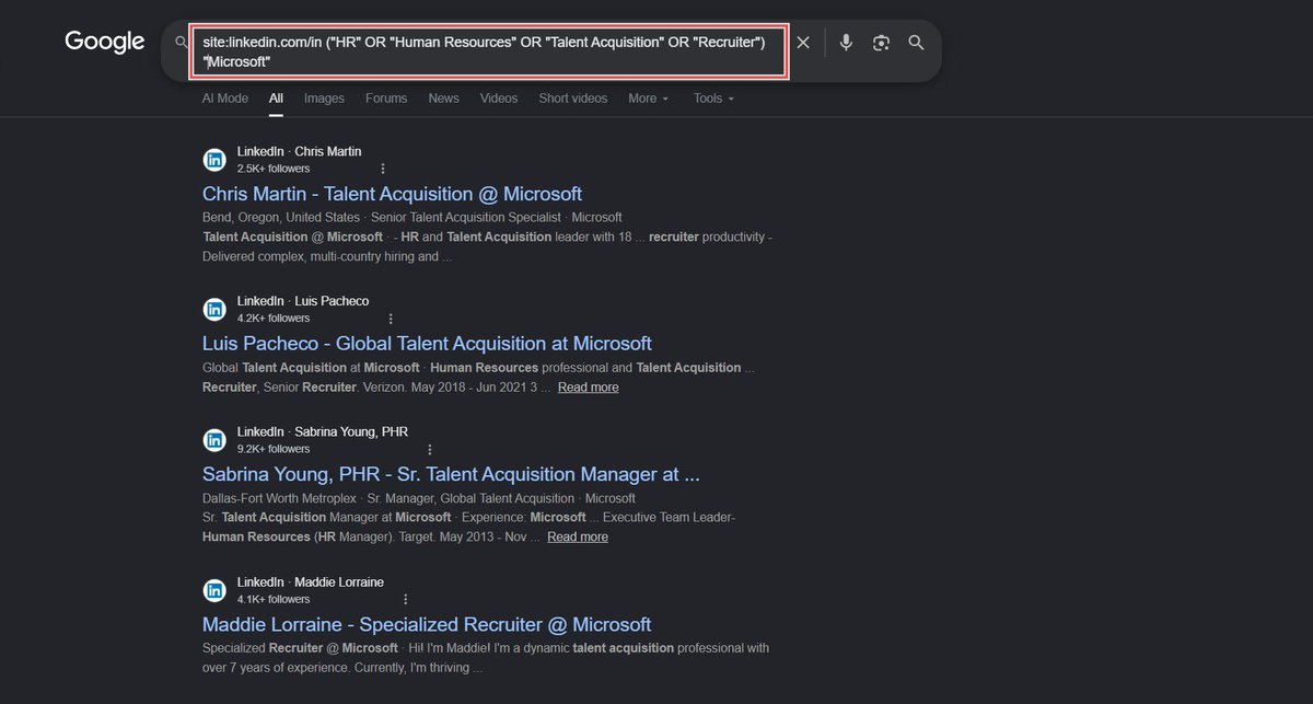 d4rk_intel's tweet photo. As a job hunter, here is a job-search workflow you can use:

Phase 1: Google dork 

site:linkedin[.]com/in
“(Talent Acquisition" OR "Recruiter" OR "HR" OR "People Operations") "Target Company" -jobs -apply

#OSINT #Cybersecurity https://t.co/NMeI52JbG4