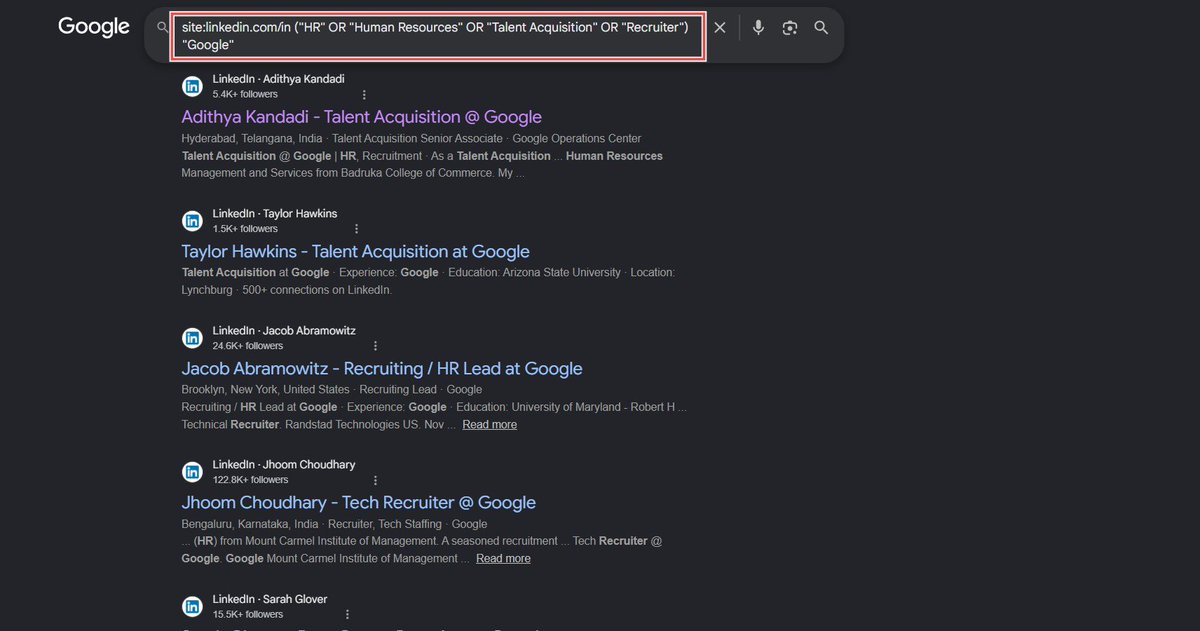 d4rk_intel's tweet photo. As a job hunter, here is a job-search workflow you can use:

Phase 1: Google dork 

site:linkedin[.]com/in
“(Talent Acquisition" OR "Recruiter" OR "HR" OR "People Operations") "Target Company" -jobs -apply

#OSINT #Cybersecurity https://t.co/NMeI52JbG4