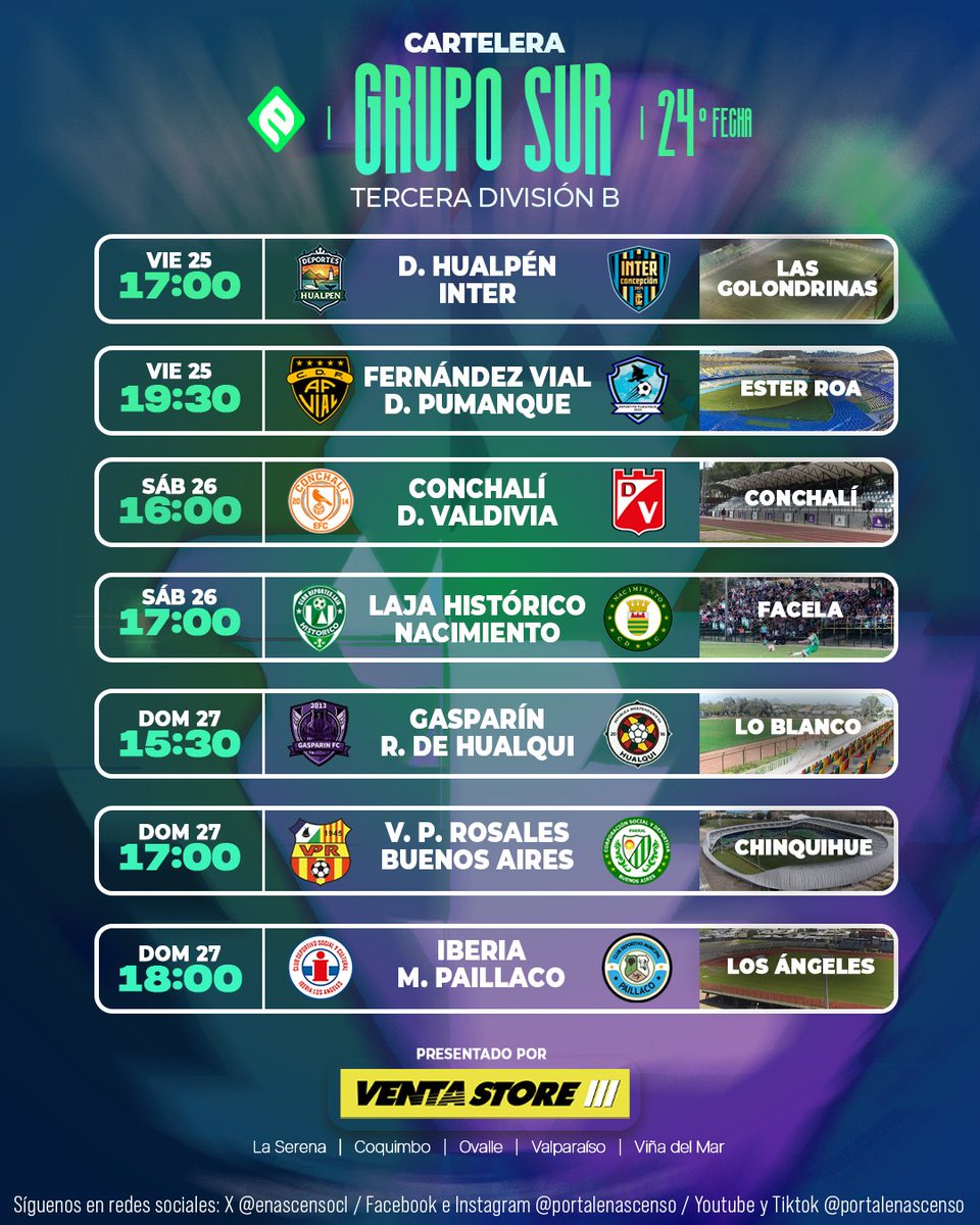 enascensocl's tweet photo. ¡Vuelve la fecha regular! Te traemos la Cartelera de la Fecha 24 de la #TerceraB : Grupo Sur ⚔️ Presentado por 🚗🟡⚫ @ventastore_chile

Mañana viernes se da el vamos a la ante penúltima fecha y así se jugará:

➡️ Deportes Hualpén vs. Inter Concepción
➡️ Fernández Vial vs. Deportivo Pumanque
➡️ Conchalí vs. Deportes Valdivia
➡️ Deportes Laja Histórico vs. Nacimiento
➡️ Gasparín vs. República de Hualqui
➡️ Vicente Pérez Rosales vs. Buenos Aires
➡️ Iberia vs. Municipal Paillaco
___

¡VENTASTORE 🟡⚫ Se sigue expandiendo a través del país! 👏

Encuentra cualquiera de nuestras sucursales en: La Serena, Coquimbo, Ovalle, Valparaíso y Viña del Mar. 🚘 ¡Envío gratis a todo Chile, revisa nuestro sitio web las comunas seleccionadas!