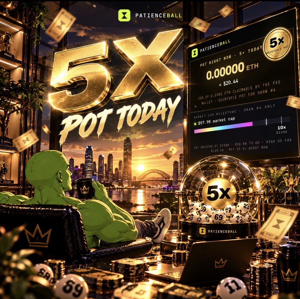 PatienceOnHood's tweet photo. 5X PATIENCEBALL IS LIVE TODAY. 🎟️🌱

Yesterday someone walked away with the 10X pot.

Today we go again. 5X the usual pot.

Every 100,000 $PATIENCE = 1 ticket.

Hold. Get entered. Wait for the draw. ⏳

https://t.co/PR2nQDyItn https://t.co/1bsJASIxBF