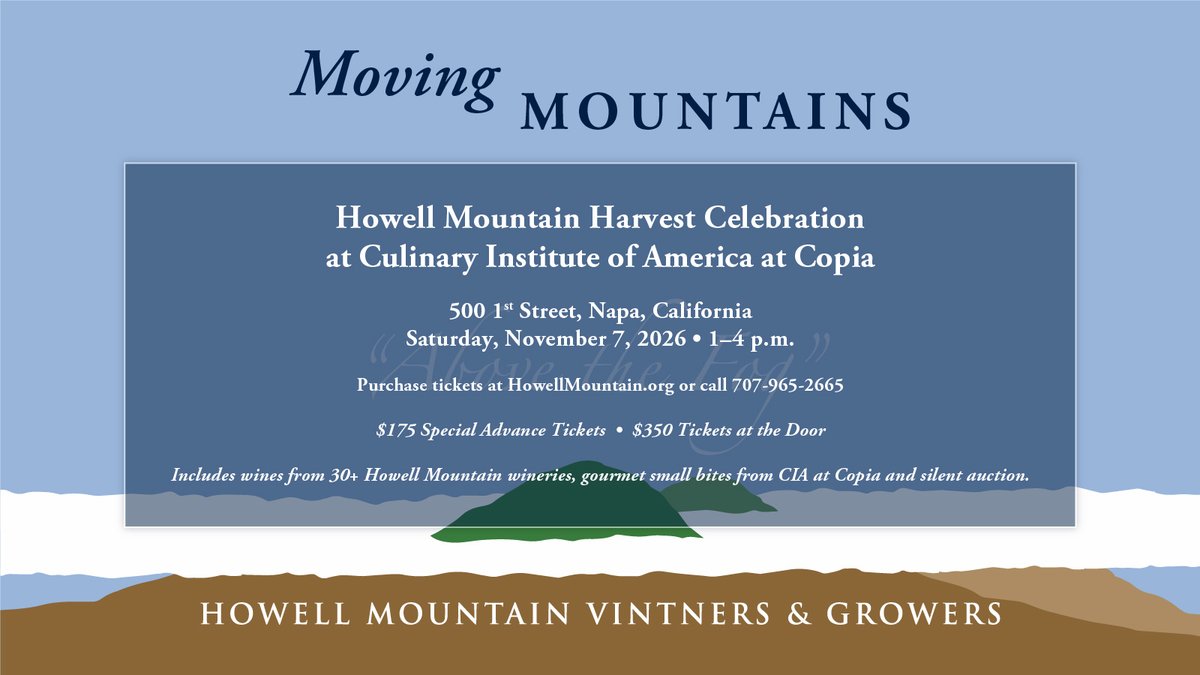 Howell_Mountain's tweet photo. #winelovers CHECK OUT the 30+ @Howell_Mountain #wineries pouring 90+ @Howell_Mountain #wines + Gourmet Small Bites from The CIA at Copia & Silent Auction ● Sat. Nov. 7 ● 1-4pm @CIAatCopia @VisitNapaValley ● $175 Special Advance tix @ https://t.co/b6FLI5EWIA #howellmountainava https://t.co/b0IB56xLMS