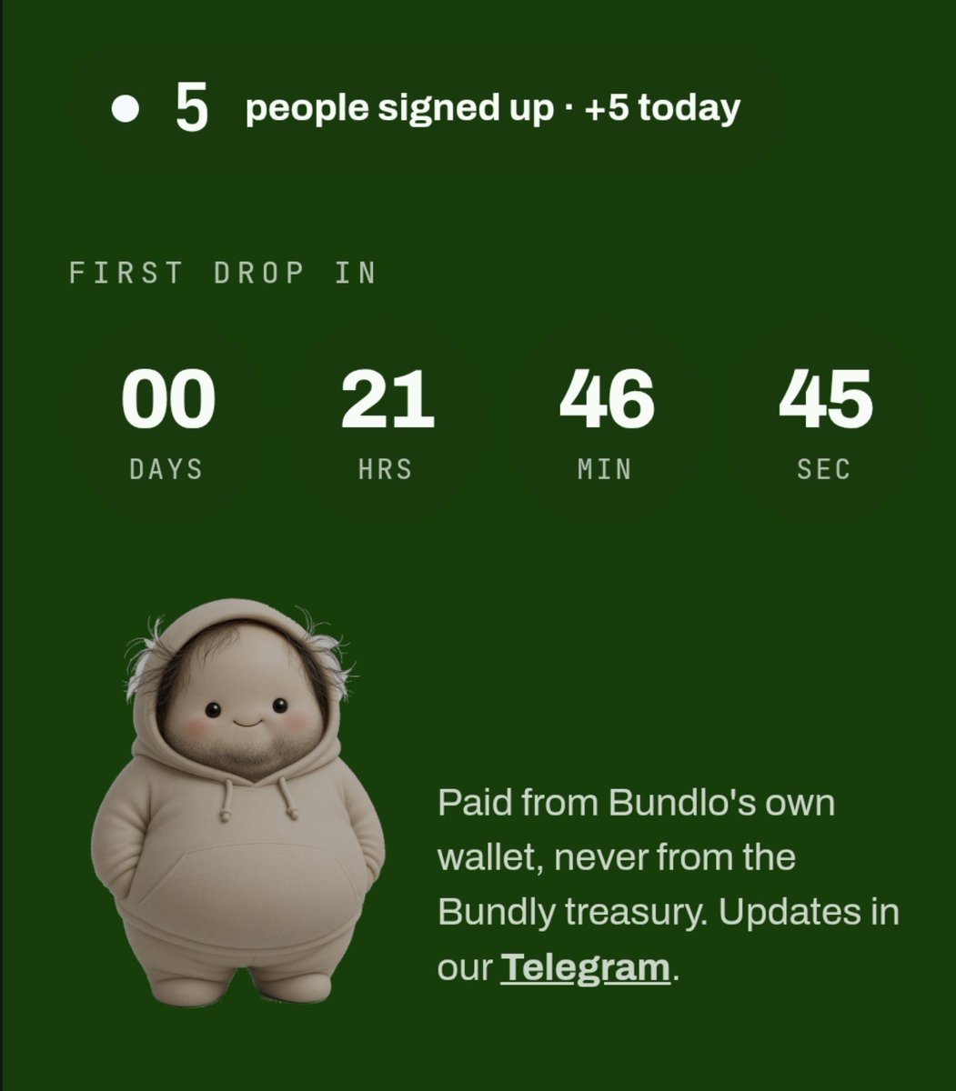UseBundly's tweet photo. The $BUNDLO #airdrop starts in about 22 hours and it is built to keep running, not to vanish after one drop. 

Bundlo, the AI behind Bundly, takes 10% of its own wallet every round, buys $BUNDLO on-chain, and splits the bag between five winners on the whitelist.

More volume means faster rounds, up to one drop every 15 minutes. 

Getting in takes an X handle and a Solana address. 

No signing, no WalletConnect, nothing to approve, and the tokens come from Bundlo’s wallet, never from the Bundly treasury (we will explain this one soon).

Only five people are on the list for the #airdrops right now. 

Get on it before the first drop

https://t.co/gAGcdYlzla