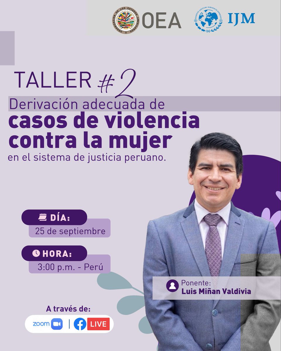 PIFJOEA's tweet photo. ¡Continúa formándote con el PIFJ/OEA e @ijmlatam! 💜

En el próximo taller, contaremos con la ponencia de Luis Miñan Valdivia, quien nos compartirá información sobre una adecuada derivación de casos de violencia contra la mujer en el sistema de justicia peruano.

¡Te esperamos!📚 https://t.co/kUnO6olEwp