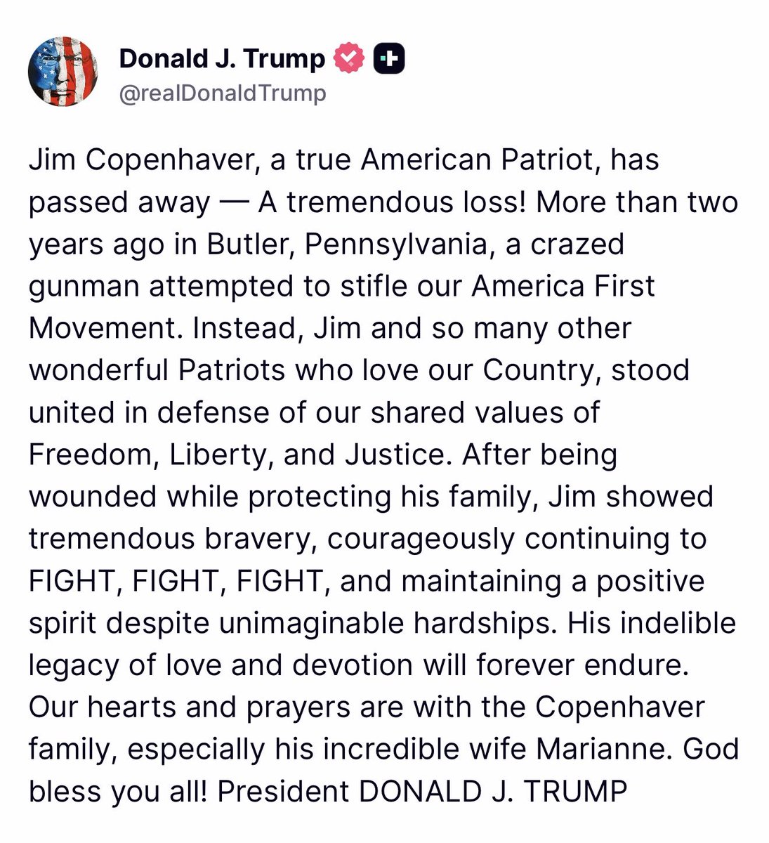 MAGAVoice's tweet photo. So heartbreaking 💔 President Trump just sent out a beautiful message to Jim Copenhaver 🙏 

WE WILL NEVER FORGET https://t.co/YUD8Bp5s46