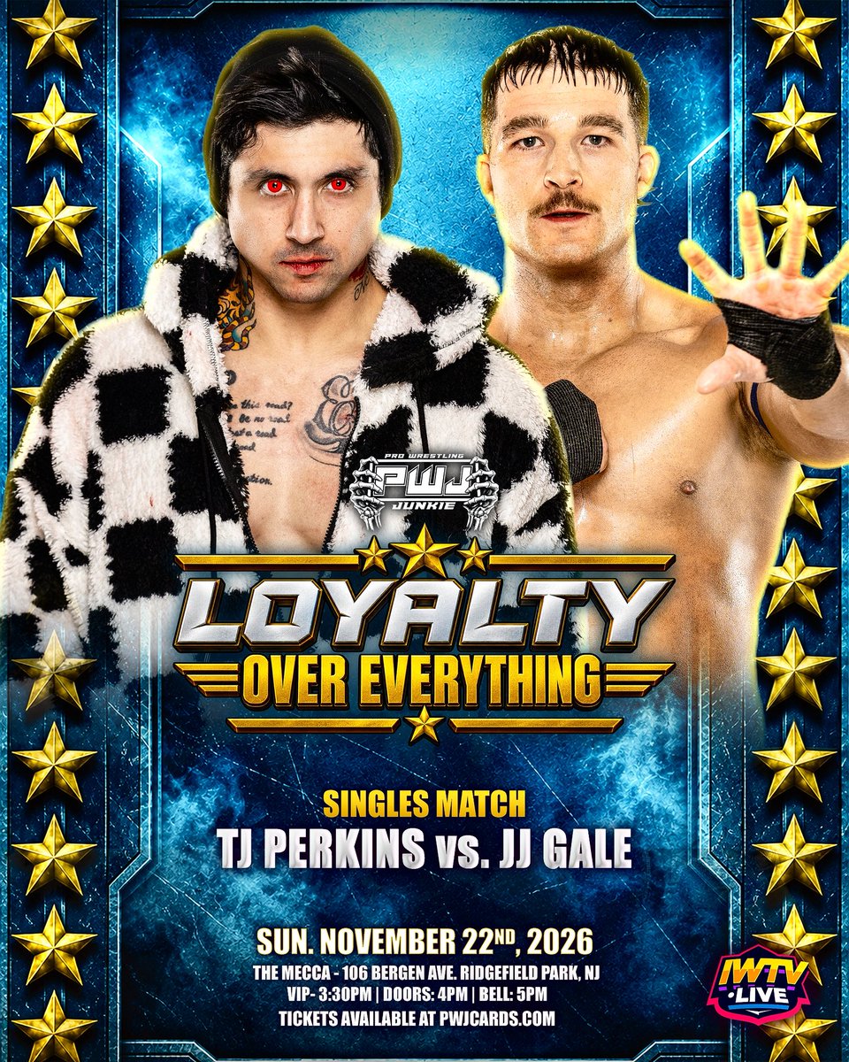 PWJCARDS's tweet photo. ⚔️MATCH ANNOUNCEMENT FOR PWJ PRESENTS: LOYALTY OVER EVERYTHING !⚔️

⚔️ SINGLES MATCH ⚔️
TJ PERKINS 🆚 JJ GALE 

🚨TICKETS ARE AVAILABLE NOW FOR OUR  NOVEMBER EVENT 🚨

♦️FIRST ROW VIP - (SOLD OUT )

♦️SECOND ROW - (LIMITED AVAILABLE 14 LEFT)

♦️GENERAL ADMISSION - AVAILABLE NOW 

🎟️ GET TIX NOW: https://t.co/le0DWs4XVj 

🗓️ Sunday NOVEMBER 22 , 2026
🏟️ 106 Bergen Ave, Ridgefield Park, NJ
VIP 3:30PM Doors 4pm Bell 🛎️ 5pm