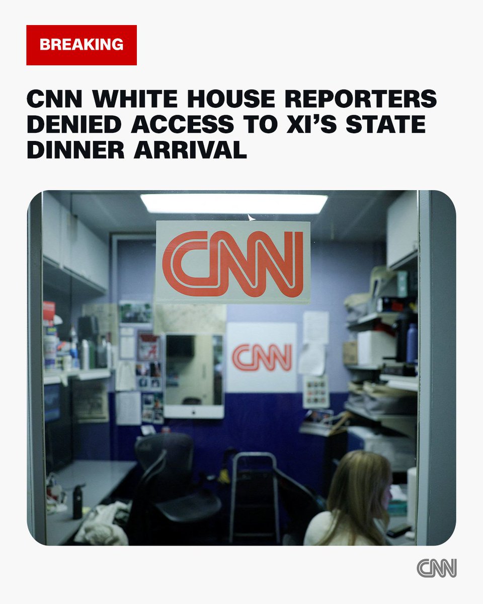 cnnbrk's tweet photo. The White House has denied two CNN journalists from covering Chinese leader Xi Jinping’s arrival back at the White House for a state dinner, after trying to tell the network which type of journalists could cover the event. https://t.co/VWYTNmDaVl https://t.co/UpawKwepQn