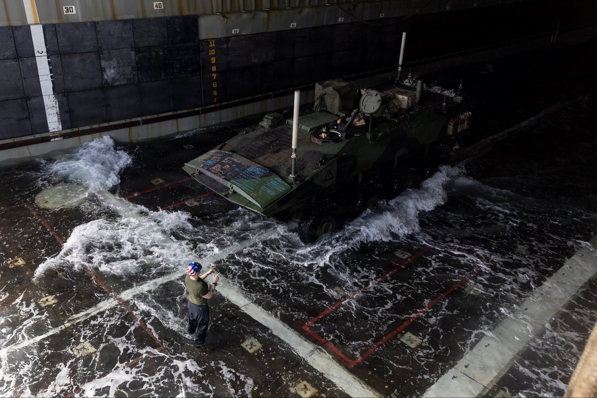 31stMeu's tweet photo. 📍U.S. Central Command area of responsibility
(May 24, 2026) 
#Marines conduct amphibious combat vehicle operations aboard forward-deployed Whidbey Island-class dock landing ship USS Comstock (LSD 45) in the U.S. Central Command area of responsibility, May 24, 2026. https://t.co/0aBZmEKdVa