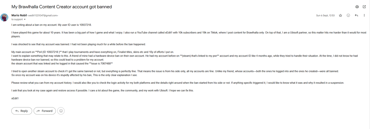 Marionabilz's tweet photo. @lordvraxxfan @Brawlhalla Thread (3/♾)
It's been 21 Days, there is no response from Brawlhalla at all.
No one is helping or respond, And I've sent multiple emails to the support, and contact the devs in DM. https://t.co/KaznzBe0wb