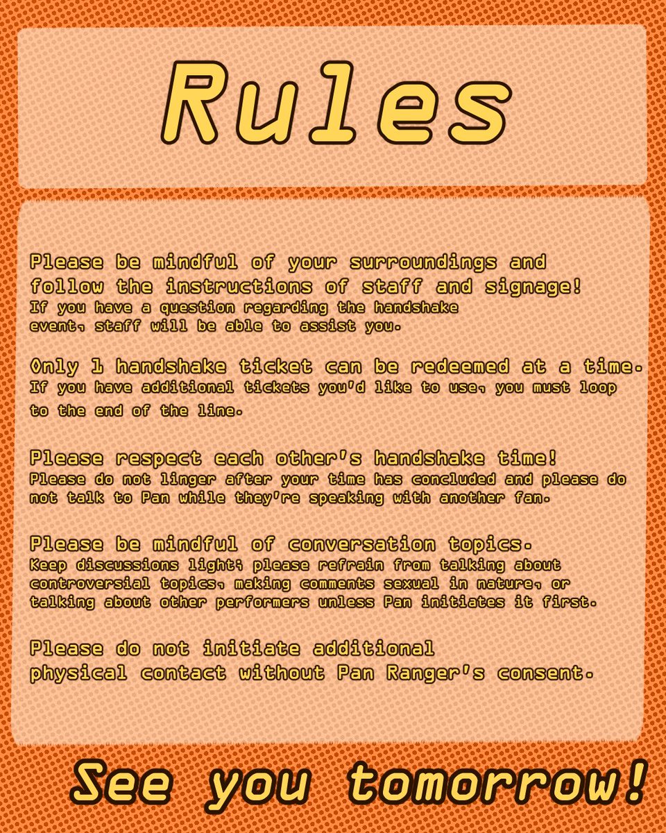 PanRanger_Info's tweet photo. Pan Ranger x tsunscoops Handshake Event Rules 🤝

The big day is tomorrow! Here's how to participate in the handshake event and some rules to keep it a good time for everyone!

Let's have fun! https://t.co/hhyIWANiie