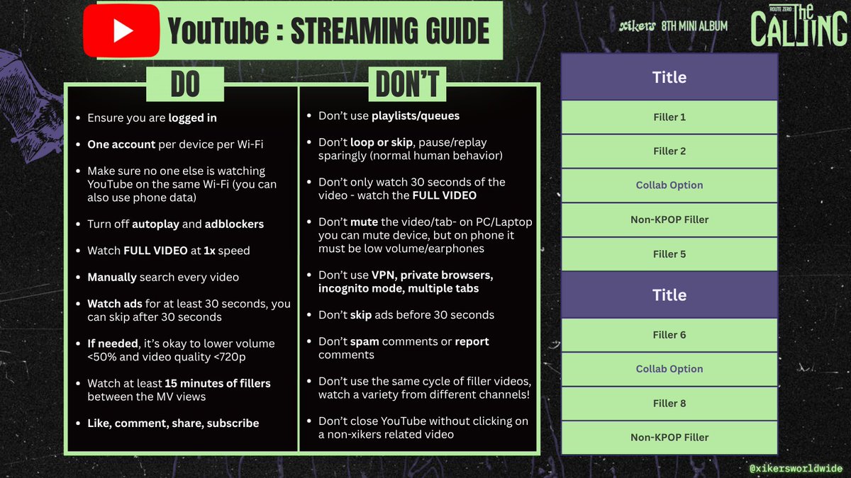 xikersworldwide's tweet photo. [📚] MANUAL "PLAYLISTS"

Hi roadys!

We use the word "playlist", but you don't actually want to add these to a playlist. You MUST search these titles manually or YT will flag you as a bㅇt!

We will attach more manual "playlists" below as they are made. ⬇️

#xikers #싸이커스 https://t.co/KNhMGMZthu
