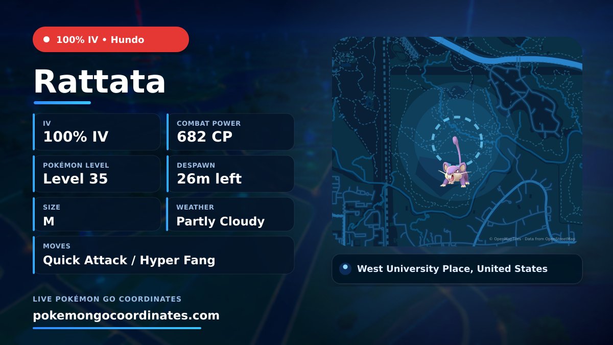 CoordsPokemonGo's tweet photo. Rattata Wild Spawn
💯% IV • 682 CP • Level 35
Size: M
Moves: Quick Attack/Hyper Fang
Weather: Partly Cloudy
Despawns in 26m
📍 29.759219,-95.442525
#PokemonGO • #PoGo • #Rattata https://t.co/4jsE9tOxpw