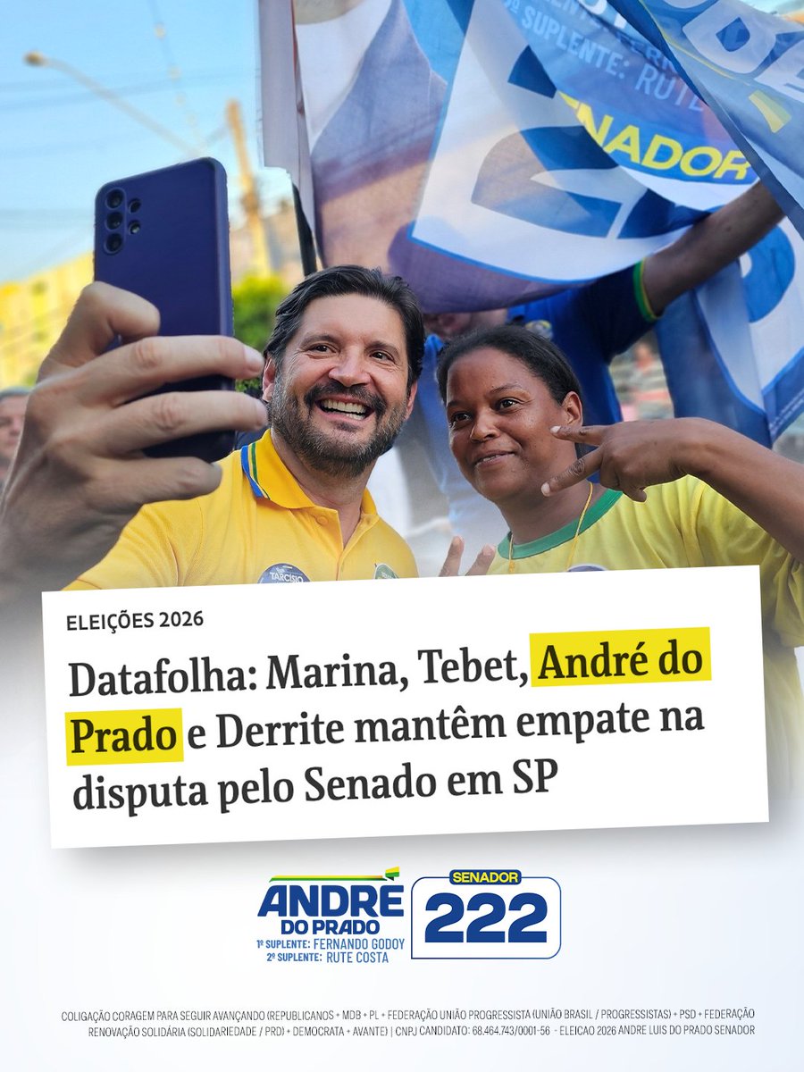 andredopradosp's tweet photo. CADA VEZ MAIS FORTE NA DISPUTA PELO SENADO! 🚀🇧🇷

Mais uma pesquisa Datafolha confirma: a nossa campanha não para de crescer!

É São Paulo acreditando, é a nossa mensagem chegando e é o 2️⃣2️⃣2️⃣ ganhando força em todo o Estado!

Obrigado pela confiança. Bora pra cima! 

Para Senador: André do Prado 2️⃣2️⃣2️⃣✅
Para Governador: Tarcísio 1️⃣0️⃣✅
Para Presidente: Flávio Bolsonaro 2️⃣2️⃣✅