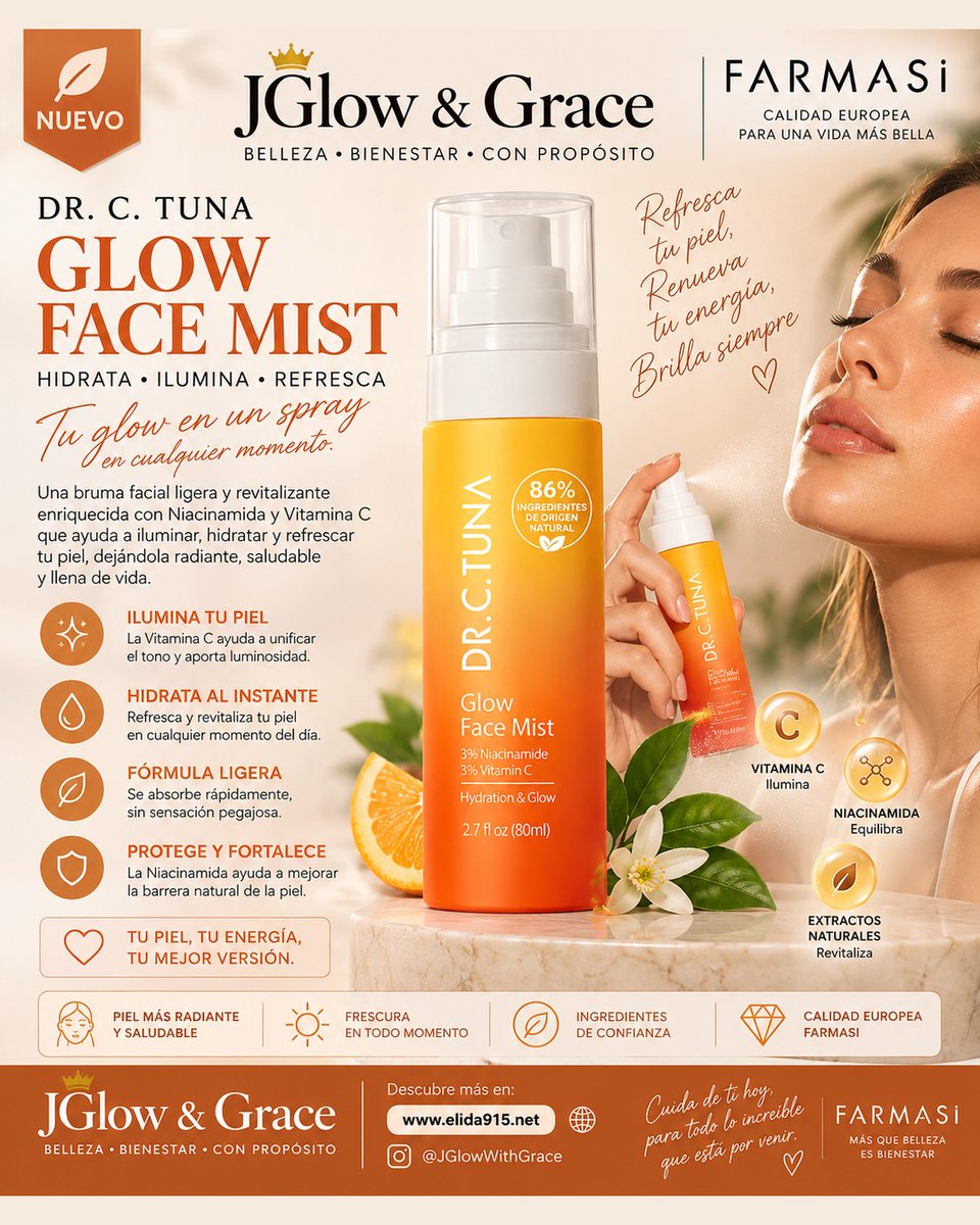 jglowwithgrace's tweet photo. 🍊 Glow Face Mist Dr. C. Tuna: hidrata, ilumina y refresca tu piel al instante con Niacinamida y Vitamina C ✨ 86% ingredientes naturales. Pídelo hoy. #GlowFaceMist #DrCTuna #VitaminaC #JGlowAndGrace #FYP https://t.co/72uBcK6Sfe