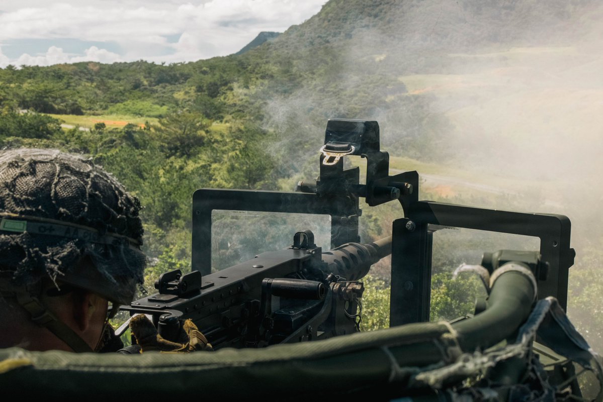 PacificMarines's tweet photo. Heavy Metal 💥⚙
#PacificMarines with #12thMLR, @3d_Marine_Div, fire an #M2 #50caliber #machinegun mounted on a
#JointLightTacticalVehicle during a live-fire range on
#CampSchwab, #Okinawa, #Japan, Sept. 15, 2026.
📸: Cpl. Skilah Sanchez | @USMC
@USPACOM https://t.co/2xiUoSw4md