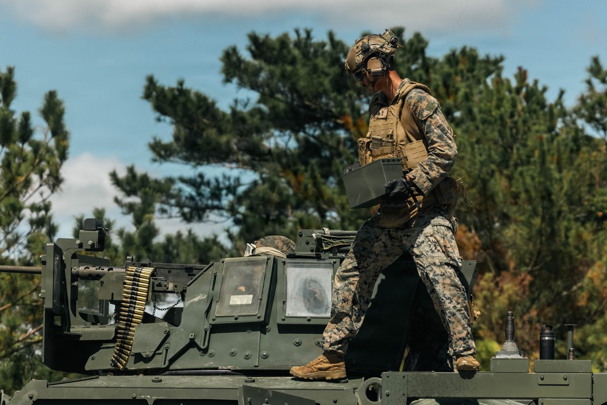 PacificMarines's tweet photo. Heavy Metal 💥⚙
#PacificMarines with #12thMLR, @3d_Marine_Div, fire an #M2 #50caliber #machinegun mounted on a
#JointLightTacticalVehicle during a live-fire range on
#CampSchwab, #Okinawa, #Japan, Sept. 15, 2026.
📸: Cpl. Skilah Sanchez | @USMC
@USPACOM https://t.co/2xiUoSw4md