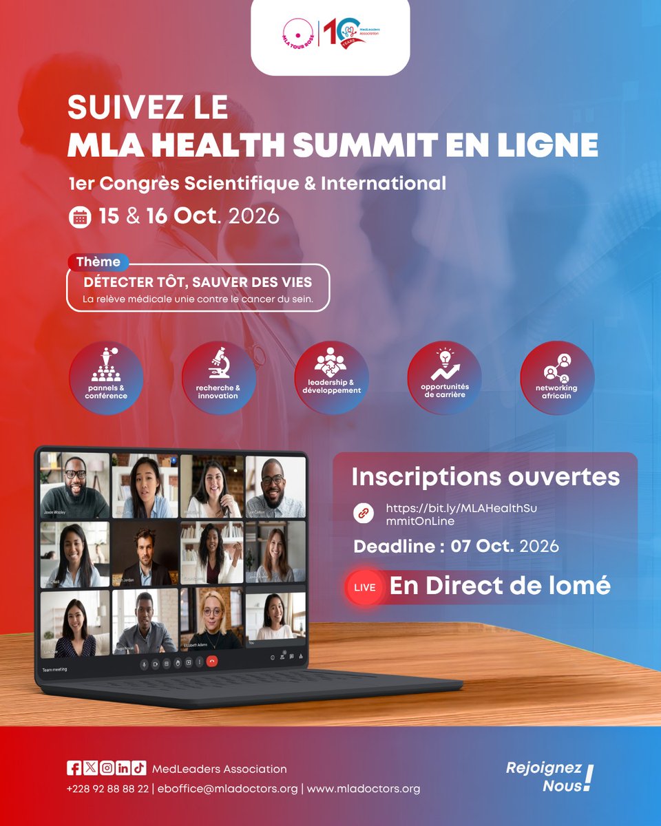 medstud_lead's tweet photo. Vous ne pouvez pas être à Lomé ? 
Suivez le MLA Health Summit 2026 en direct.
Panels, conférences, ateliers.
Inscriptions jusqu'au 7 oct : https://t.co/9QrVG9SSNa
#MLAHealthSummit https://t.co/ulWcB7nUbC