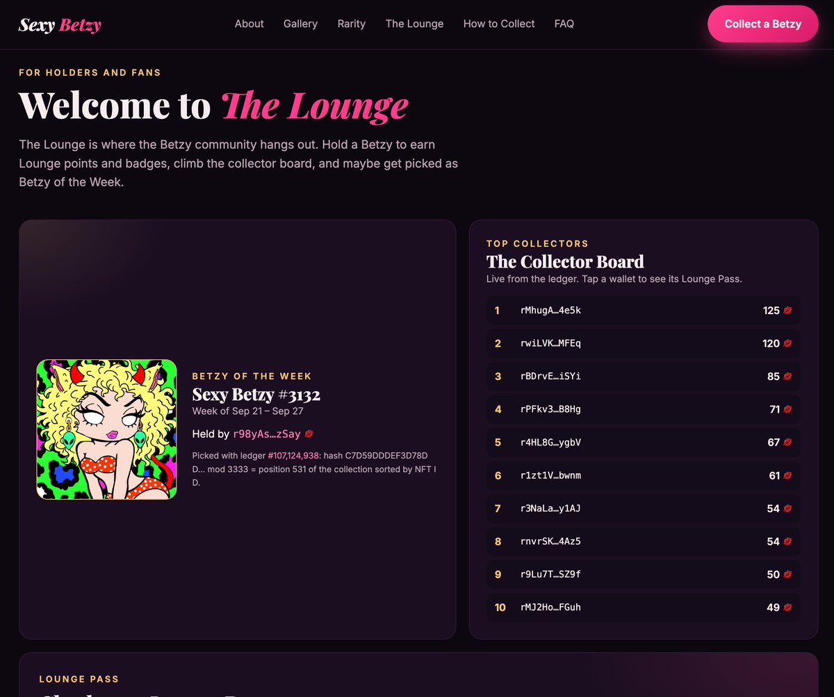 XRPCorridor's tweet photo. Been building something for the Sexy Betzy familia ✊🏽
 
Exclusive Lounge access/points just for holding a #SexyBetzy

Every Betzy ranked by true rarity

Betzy of the Week, picked by the ledger itself

Just for the community 🎯

Dropping soon 👀

#XRP #XRPL #ARFTALK #ARFARFMFKR #SneakPeak