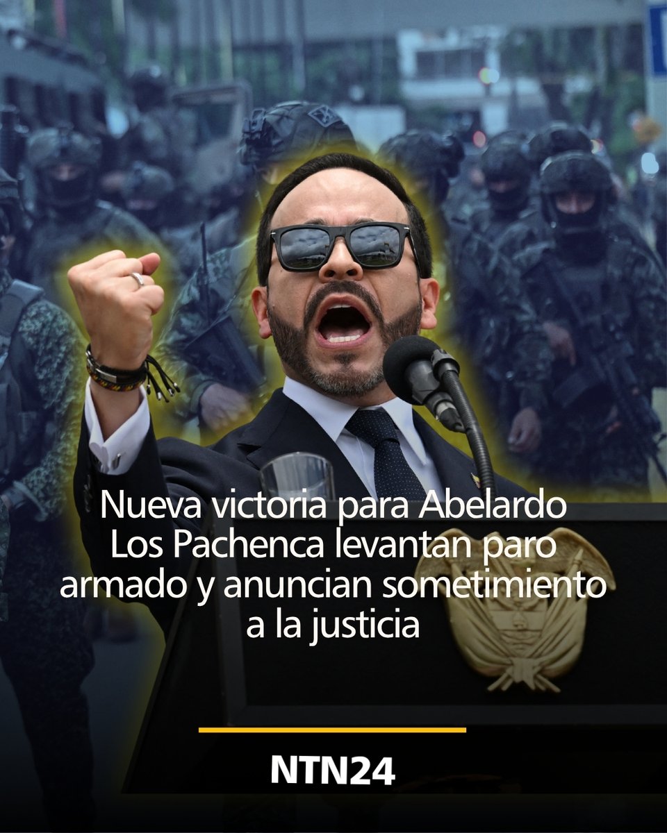 NTN24's tweet photo. Tras 48 horas de terror absoluto en Santa Marta, el gobierno de Abelardo de la Espriella logró que las Autodefensas Conquistadoras de la Sierra Nevada (ACSN), también conocidas como "Los Pachenca" pusieran fin al paro armado y anunciaran su sometimiento a la justicia. 
▶️ https://t.co/a8SbotQANi