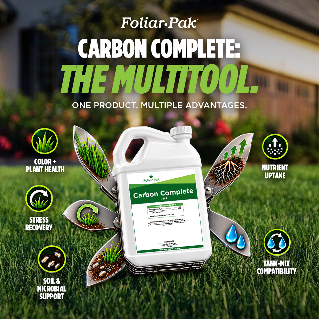 FoliarPak's tweet photo. Introducing Foliar-Pak® Carbon Complete, the lawn care operator's multitool.
 
With one jug, add visible plant response, stress recovery, soil-carbon support, nutrient availability, &amp; tank-mix compatibility to nearly any round. Ask your distributor rep how it fits your programs. https://t.co/re6kUt8oON