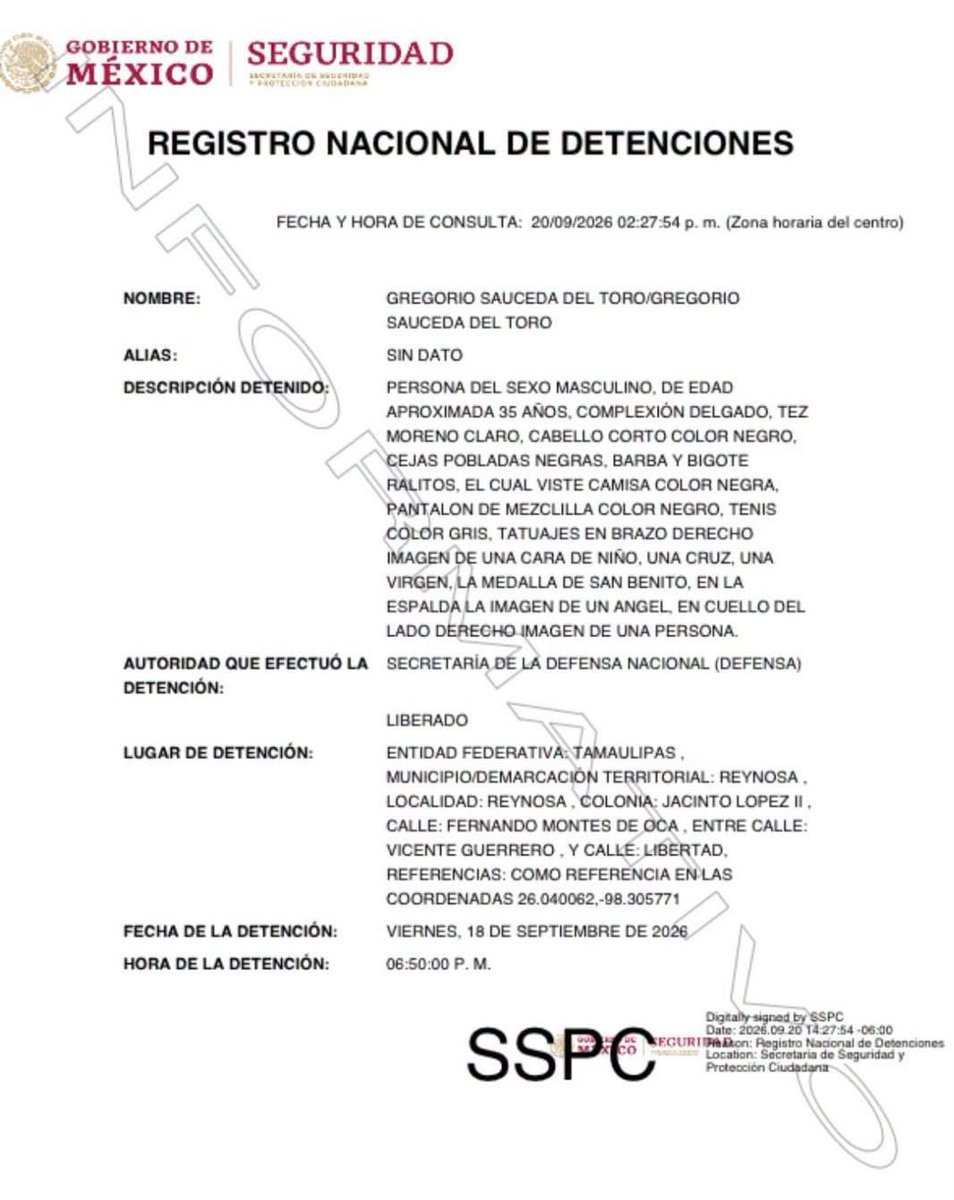 JJDiazMachuca's tweet photo. 🚨 SEDENA LO DETUVO. APARECE LIBERADO. ¿QUÉ PASÓ EN MEDIO?

Aquí hay dos palabras que nadie tiene que interpretar:

DETENIDO.
LIBERADO.

Gregorio Sauceda del Toro fue detenido por la Secretaría de la Defensa Nacional (@Defensamx1) en Reynosa el 18 de septiembre, a las 18:50 horas.

Así aparece en el Registro Nacional de Detenciones.

La misma ficha después lo marca:

LIBERADO.

No explica por qué fue detenido.

Tampoco quién determinó su liberación ni bajo qué fundamento.

Diversos medios lo identifican como hijo de Gregorio Sauceda Gamboa, “El Caramuela”, histórico integrante del Cártel del Golfo, y como familiar político de la diputada local de Morena Eva Araceli Reyes González (@EvaReyes).

Sobre una supuesta intervención de la legisladora para conseguir su libertad no hay hasta ahora confirmación oficial pública.

Por eso la pregunta es directa:

Diputada, ¿usted tiene información sobre las circunstancias de esta detención y posterior liberación?

Y para Omar García Harfuch (@OHarfuch), @Defensamx1 y las autoridades de Tamaulipas:

¿por qué lo detuvieron?
¿Quién decidió liberarlo?
¿Bajo qué fundamento?

Porque presumir detenciones es muy fácil.

Lo interesante empieza cuando hay que explicar las liberaciones.