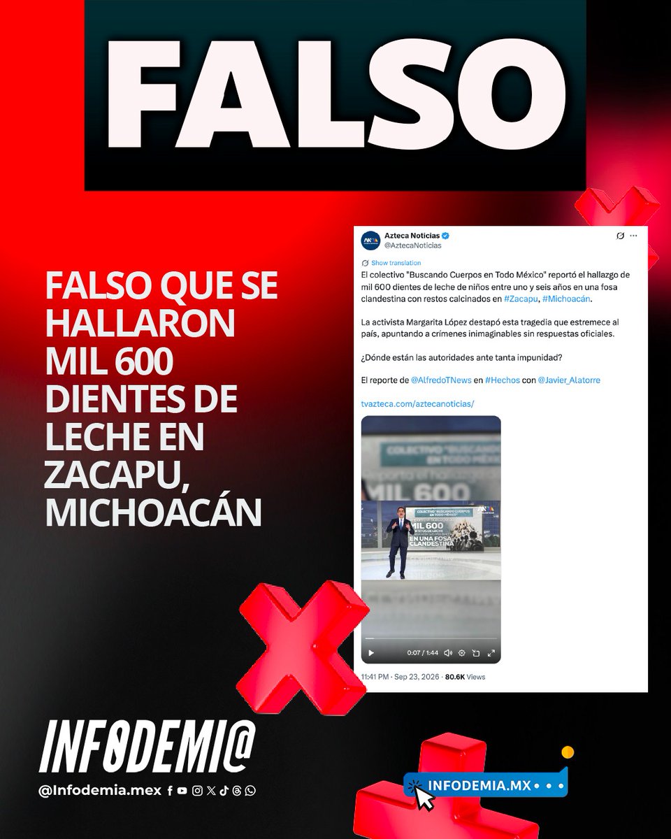 infodemiaMex's tweet photo. ❌Falso que se hallaron mil 600 dientes de leche en Zacapu, Michoacán

✅La Fiscalía General del Estado de Michoacán (@FiscaliaMich) informó el 24 de septiembre que "no tiene conocimiento ni cuenta con registro de una intervención relacionada con el supuesto hallazgo de piezas dentales atribuidas a menores de edad" y aclaró que se tiene coordinación permanente con la Fiscalía General de la República (FGR) quienes tampoco cuentan con antecedente de dicho hallazgo.

✅La institución precisó que “desde el año 2021 hasta el momento, no ha recibido denuncia, puesta a disposición o solicitud de intervención pericial relacionada con los hechos en los términos que han sido difundidos.”

▶️Desmentido: https://t.co/pN9MwANNxd