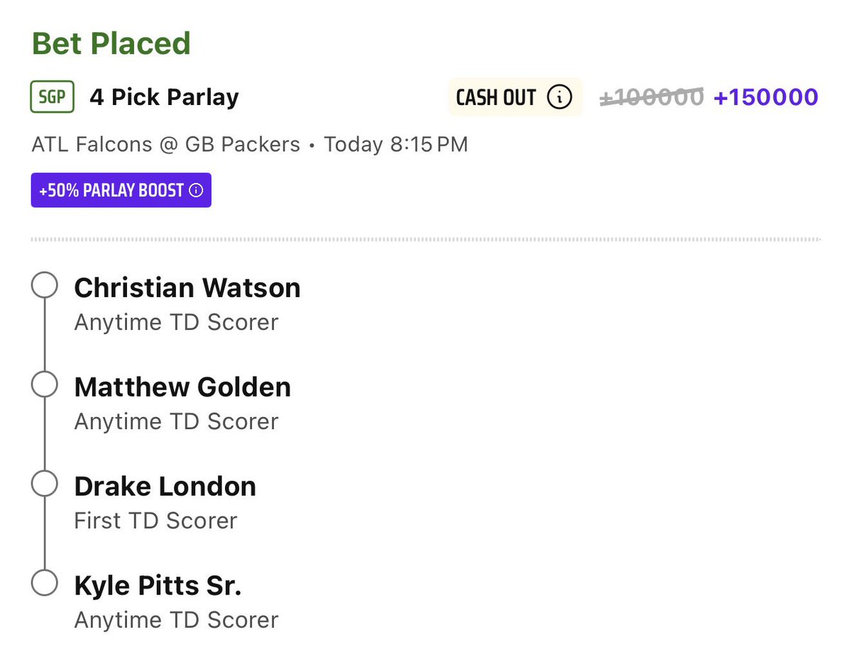 BoostKingX's tweet photo. Falcons vs Packers 50% Boost 

0.01 U
Fair value +92415

Drake London First TD 
Christian Watson TD
Matthew Golden TD 
Kyle Pitts TD https://t.co/z6DMtpzDZ0