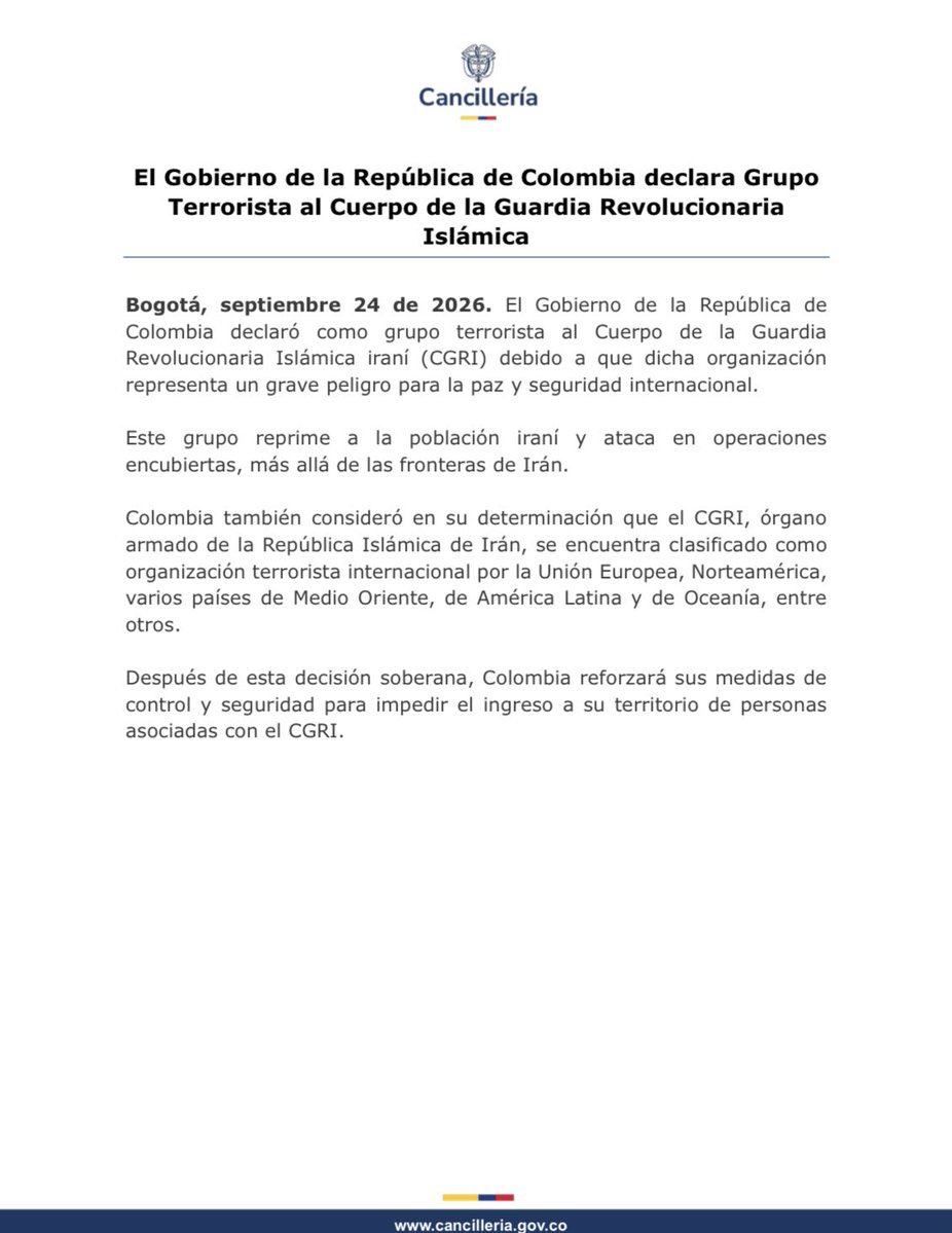 Ehsaneghbale's tweet photo. 🚨BREAKING: Colombia cuts diplomatic ties with Iran and designates the IRGC as a terrorist organization.

President Abelardo de la Espriella’s government formally severed relations, effective 19 September. Consular ties remain.

Reasons cited:
• Alleged Iranian links to terrorist and narcoterrorist groups that threaten Colombian security
• Human rights violations inside Iran
• Attacks on countries outside the Middle East conflict
• Blockade of the Strait of Hormuz
• Obstruction of IAEA nuclear inspections

A second communiqué designates the Islamic Revolutionary Guard Corps as a terrorist group.
