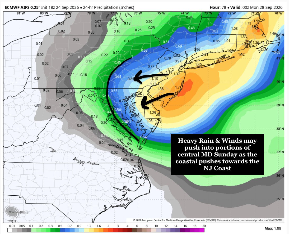 ryankanerWX's tweet photo. 18z Euro AIFS is certainly something... the trend for a stronger, slower, tucked ULL just off the NJ coast seems to be coming to fruition. This will worsen impacts on Sunday from the eastern shore to NYC, with impacts being felt as far west as the DC/Balt region. Big hit for NJ/NYC. #MdWx