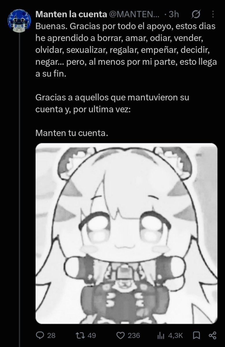 PopCuentas's tweet photo. Famosa y querida cuenta ha anunciado oficialmente su despedida de las redes con un conmovedor mensaje a todos sus hermanos. Rumores dicen que esta fue la primera en empezar la epidemia de las distintas cuentas, pero también la primer en irse.
Pronta Libertad MantenLaCuenta 🕊️ https://t.co/7XEBeVPmZt