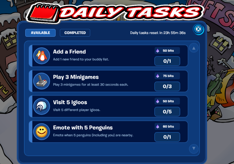 iheypenguin's tweet photo. #HeyPenguin Update! ✨

📋 Daily Tasks — Complete them to earn Bits! 💰
🎞️ Animated Emotes — Fixed!
💬 Custom Emotes — Now appear correctly in message history.
📝 Player Editor — Changes no longer appear in text chat history.

More updates coming soon! 👀🐧

#HeyPenguin #ClubPenguin