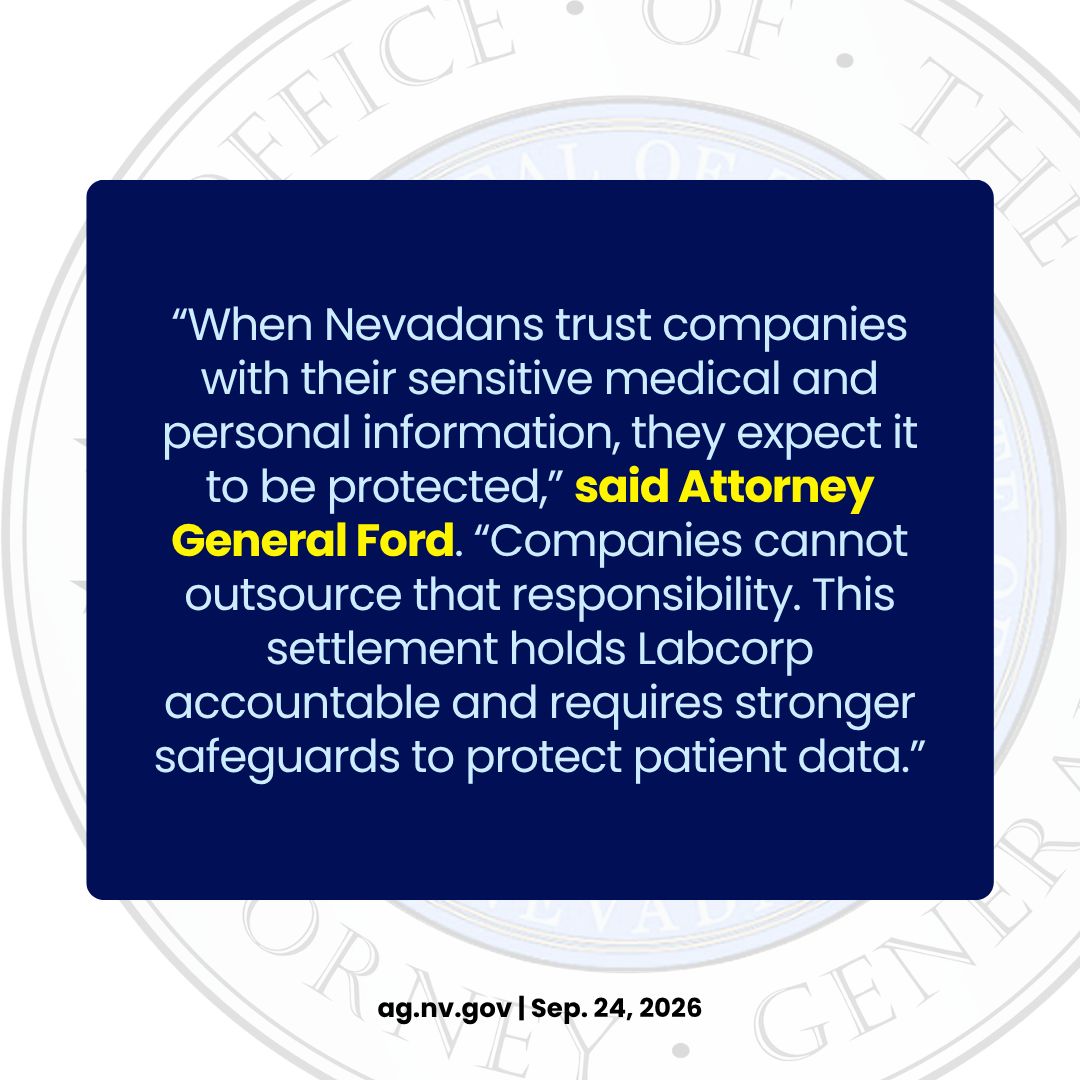 NevadaAG's tweet photo. Today, Attorney General Ford announced Nevada has joined a coalition of 44 attorneys general in a $2.3 million settlement with Labcorp over a 2019 data breach involving its debt collector that compromised the personal information of millions of patients. https://t.co/S3M6cAFuZ6