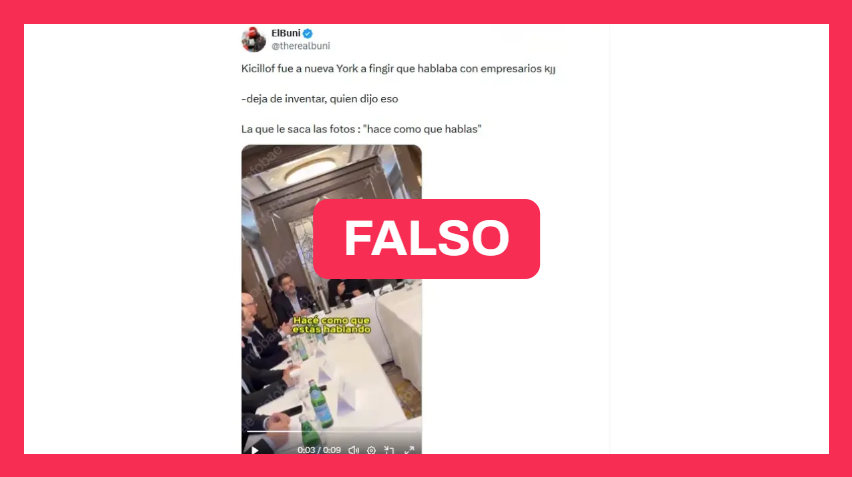 Chequeado's tweet photo. El video de Kicillof con empresarios en Nueva York: qué se sabe sobre el contenido y sus indicios de IA 🔴

📌 Circula en redes sociales un video de Axel Kicillof durante una reunión con empresarios en Nueva York, en el que se escucha a una fotógrafa decir “hacé como que hablás”. Usuarios presentan el contenido como una supuesta “actuación” del gobernador.

📌 La reunión efectivamente ocurrió, pero el video que circula presenta indicios de edición: está ralentizado mientras el audio mantiene una velocidad normal y contiene inconsistencias visuales respecto de las imágenes oficiales.

📌 El video tiene una marca de agua de Infobae, pero no hay registros de que haya sido publicado por ese medio. Además, SynthID determinó que el contenido es sintético y Hive Moderation detectó un 56% de probabilidad de IA en los últimos segundos.