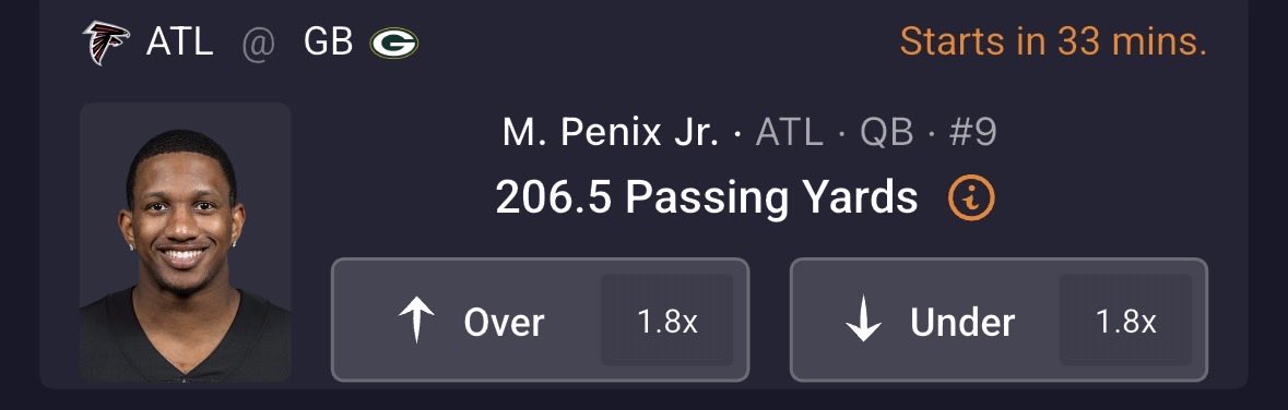 hottakes_app's tweet photo. Michael Penix Jr. returns for his first start since November 16th, 2025 

App 🔥
O/U 206.5 Passing Yards 

Is Penix getting over this number? 

#FalconsPackers https://t.co/KEUrMrpHeU