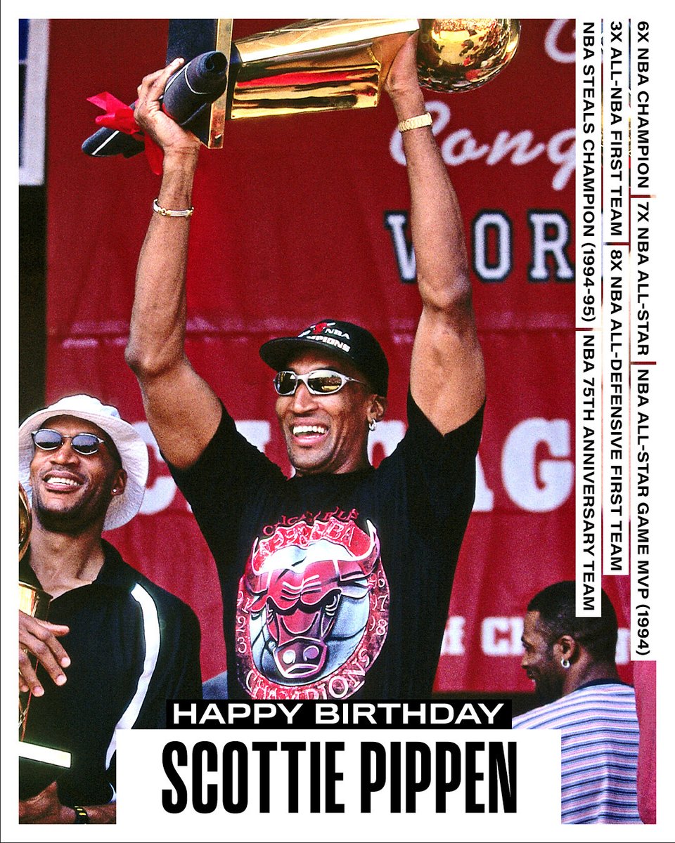 NBAHistory's tweet photo. Join us in wishing a Happy 61st Birthday to 7x NBA All-Star, 6x NBA Champion and 75th Anniversary Team member, Scottie Pippen! https://t.co/frTDdSY8D5