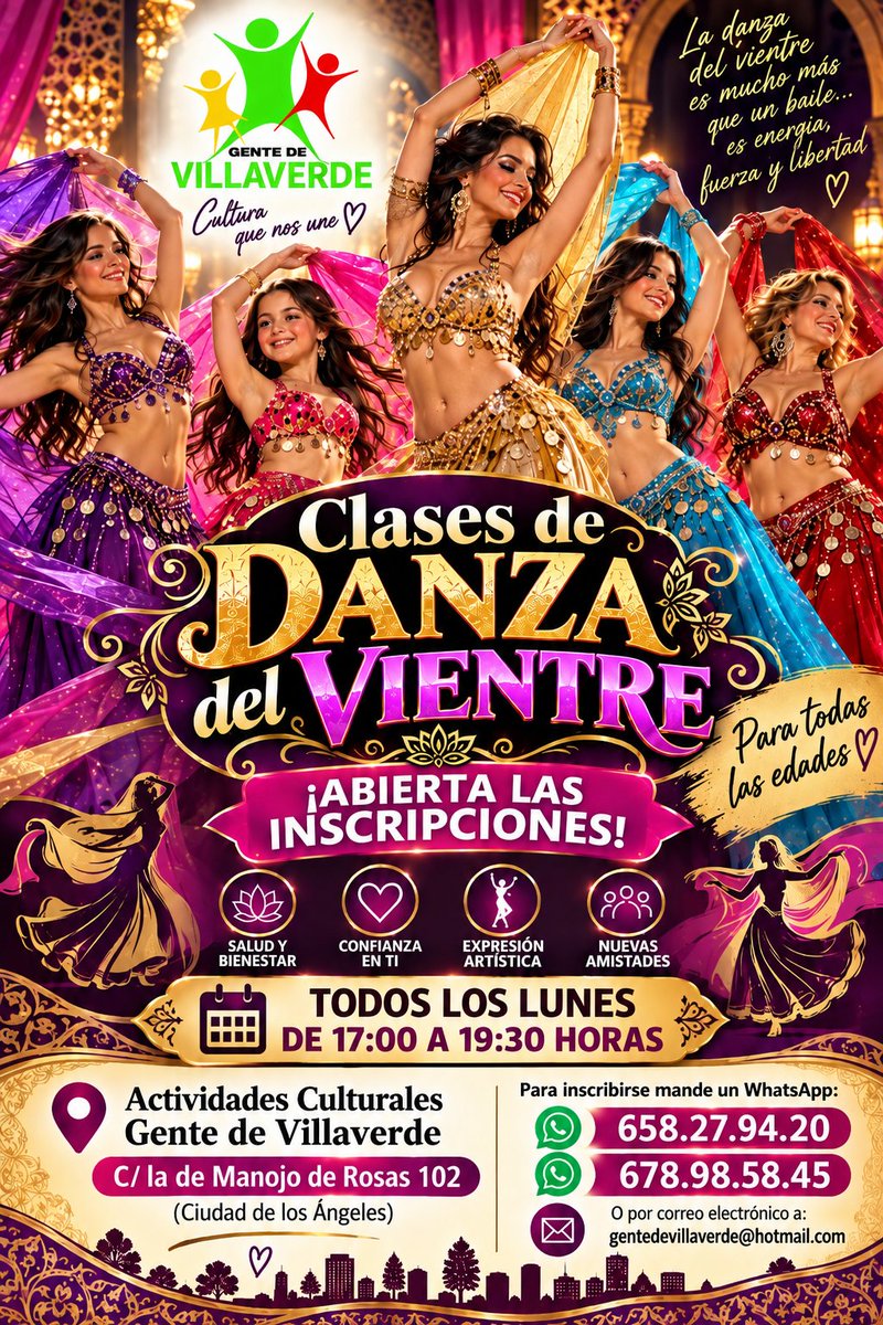 GenteVillaverde's tweet photo. 💃✨ ¡NUEVA ACTIVIDAD EN VILLAVERDE! ✨💃

¿Te gustaría aprender Danza del Vientre, disfrutar de la música y pasar una tarde diferente? ¡Anímate y ven a probar! 🥰

🪭 CLASES DE DANZA DEL VIENTRE

📅 Todos los lunes de 17.00h a 19.30h

👩 Para todas las edades. https://t.co/V7oBo1Rq6I