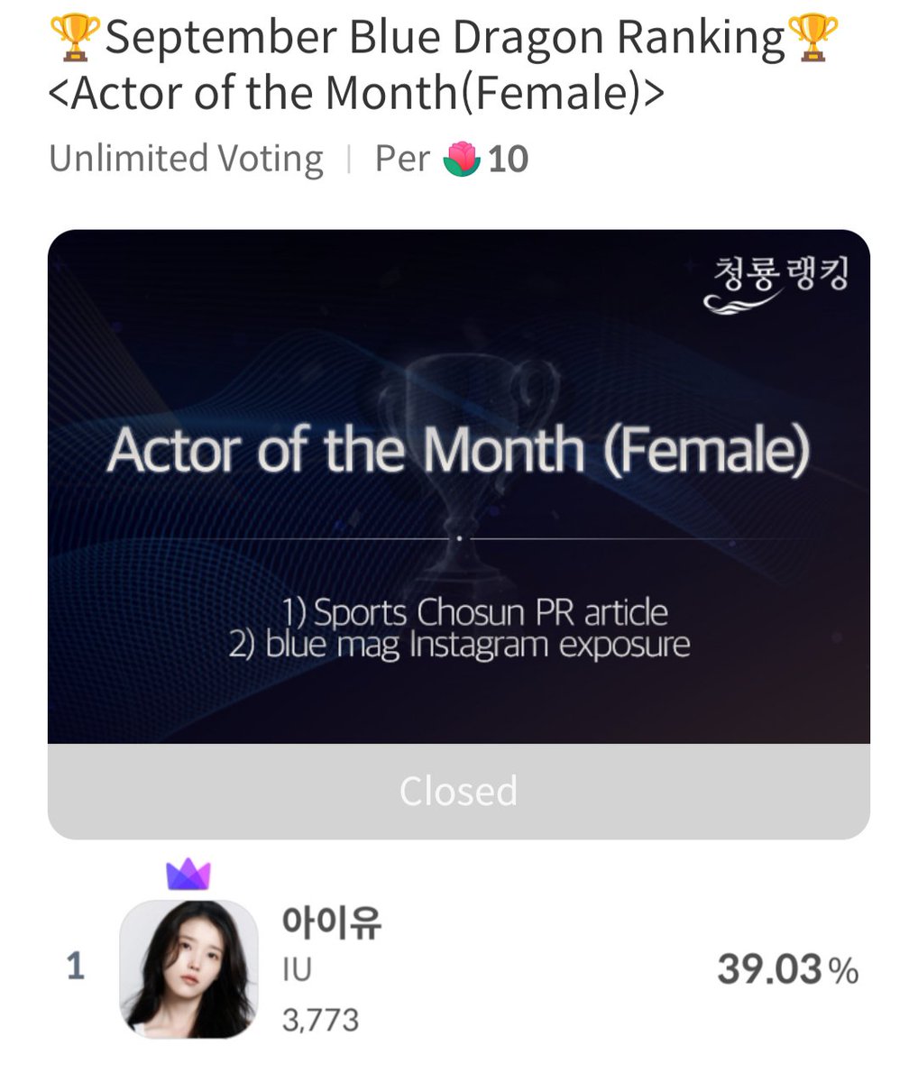 armyuaena8's tweet photo. [UPDATE]

[🏆] CONGRATULATIONS,#IU!🎉

IU has Won the Blue Dragon Monthly Ranking! 

✨ WINNING BENEFITS: 
•📰 Sports Chosun PR Article
•📸 BlueMag Instagram Promotion
•🎟️ Automatic Qualification for the Final Round

Let's Get Ready for the Final Round,Uaenas!💪🏻

#PerfrctCrown https://t.co/hYnfv2YvV4