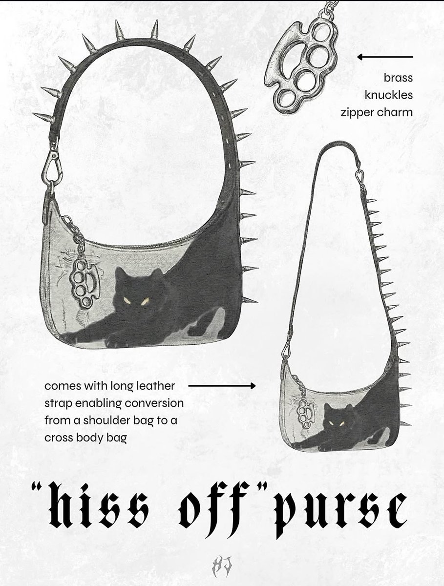 pmamtraveller's tweet photo. The "hiss off" purse is a concept for an edgy black shoulder bag design with metal spikes and a black cat graphic shared by Hard Jewelry [IG] https://t.co/bksZzylDlx