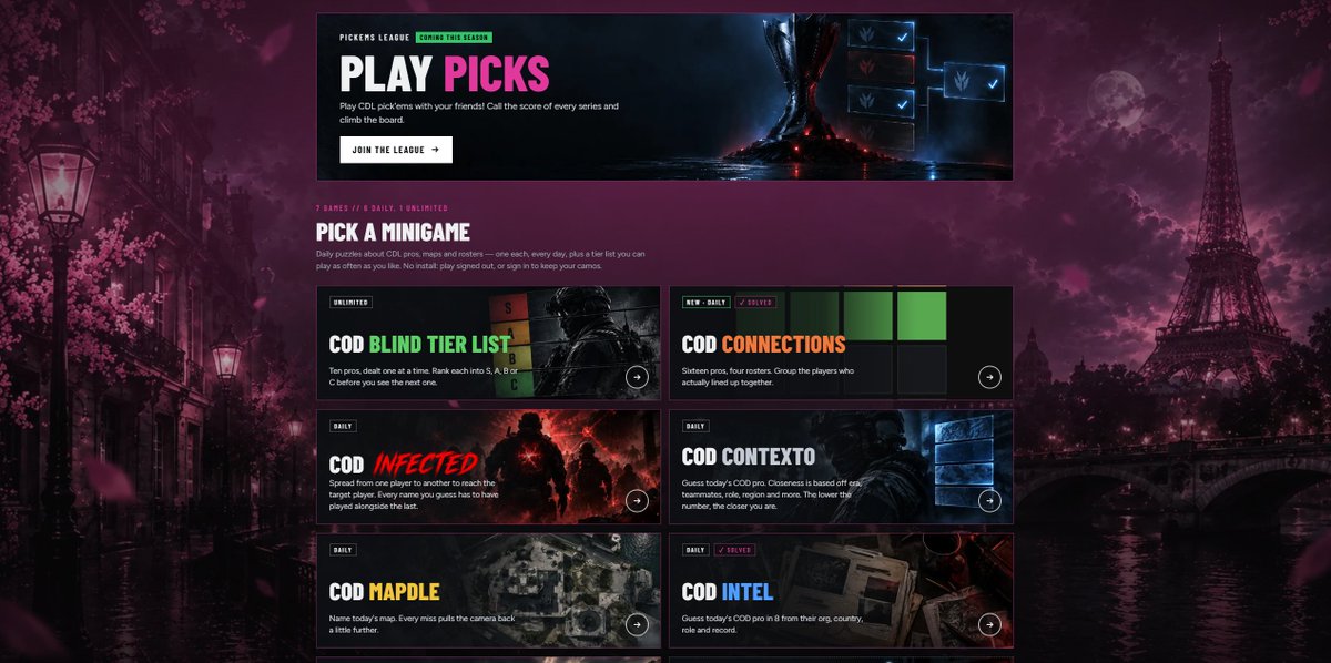 CDLMiniGames's tweet photo. NEW: The CDL City Pack is here! A site theme, calling card and emblem for all 12 teams.

Available for Supporters, alongside the full archive of past dailies and unlimited Infected.

https://t.co/myKOgYyjKn https://t.co/GVXqctI604