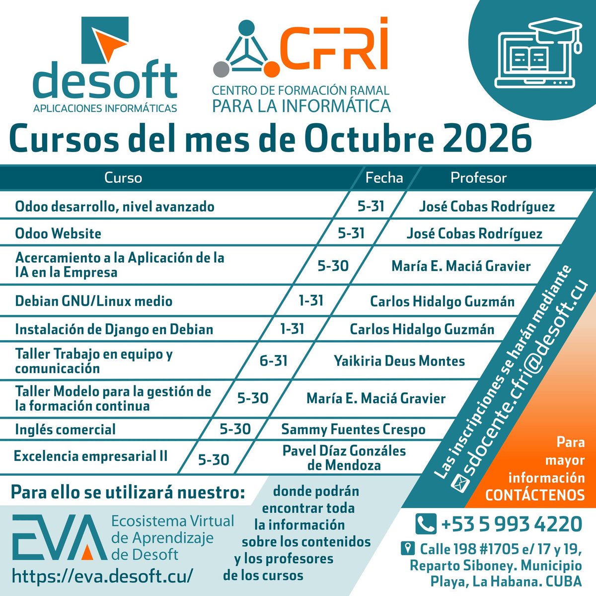 desoft_empresa's tweet photo. Te recordamos los cursos de octubre, por si no viste la publicación anterior.
Para ello se utilizará el Ecosistema Virtual de Aprendizaje (EVA) (https://t.co/AvFTgwbyLe Las inscripciones se harán mediante el correo electrónico: sdocente.cfri@desoft.cu o el teléfono +53 5993 4220 https://t.co/9dCNfqfDdM
