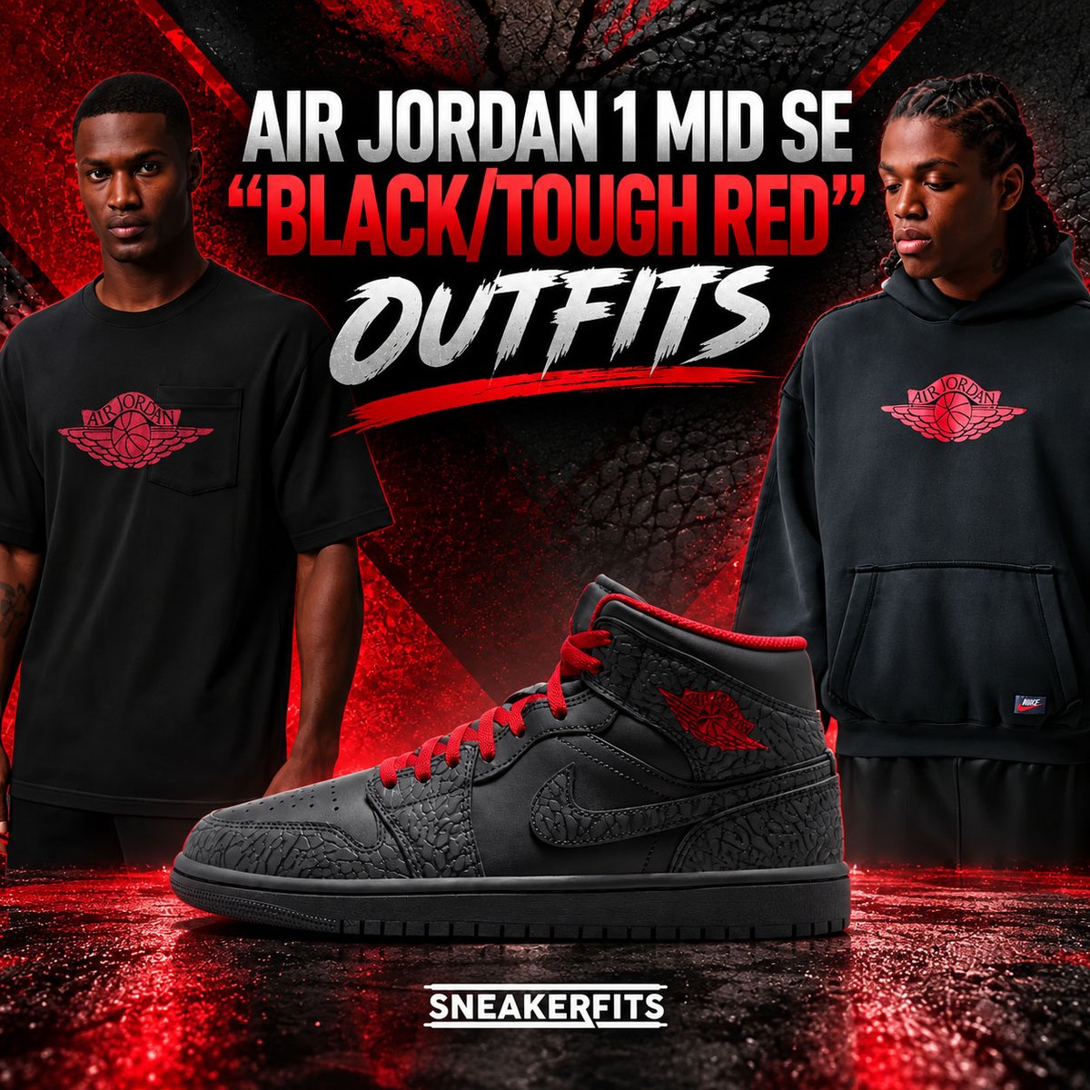 SneakerFitsCom's tweet photo. Air Jordan 1 Mid SE “Black/Tough Red” Outfits

Looking for apparel to match? We paired these AJ1s with Tough Red Nike Sportswear and black Jordan Brand styles.

Get the complete outfit guide:
https://t.co/WjXHfzd2b7

#AirJordan1 #JordanBrand https://t.co/dehSd2R4b5