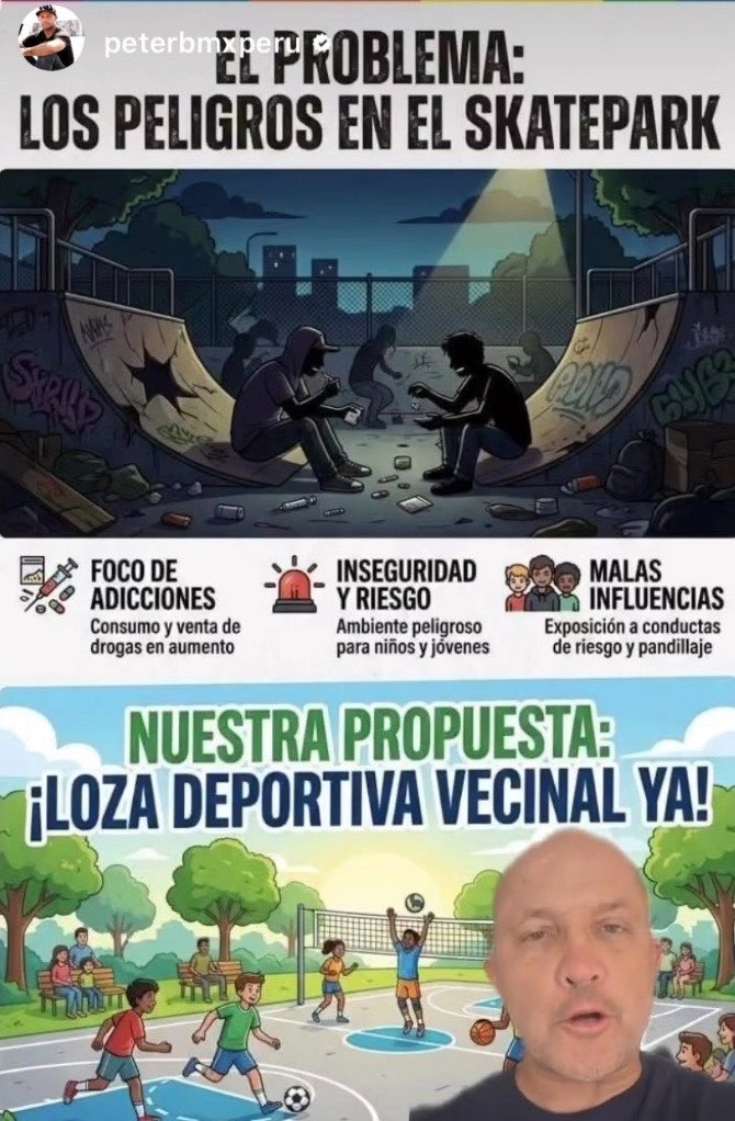 ticnt_'s tweet photo. Se están tumbando un skate park con esta infografía como argumento:

Skate es hola diablo

Hay una huelga por parte de todos los que practican, esto mientras Perú acaba de ganar Oro por el deporte.

Este país en retroceso https://t.co/FRR0AdO1sM
