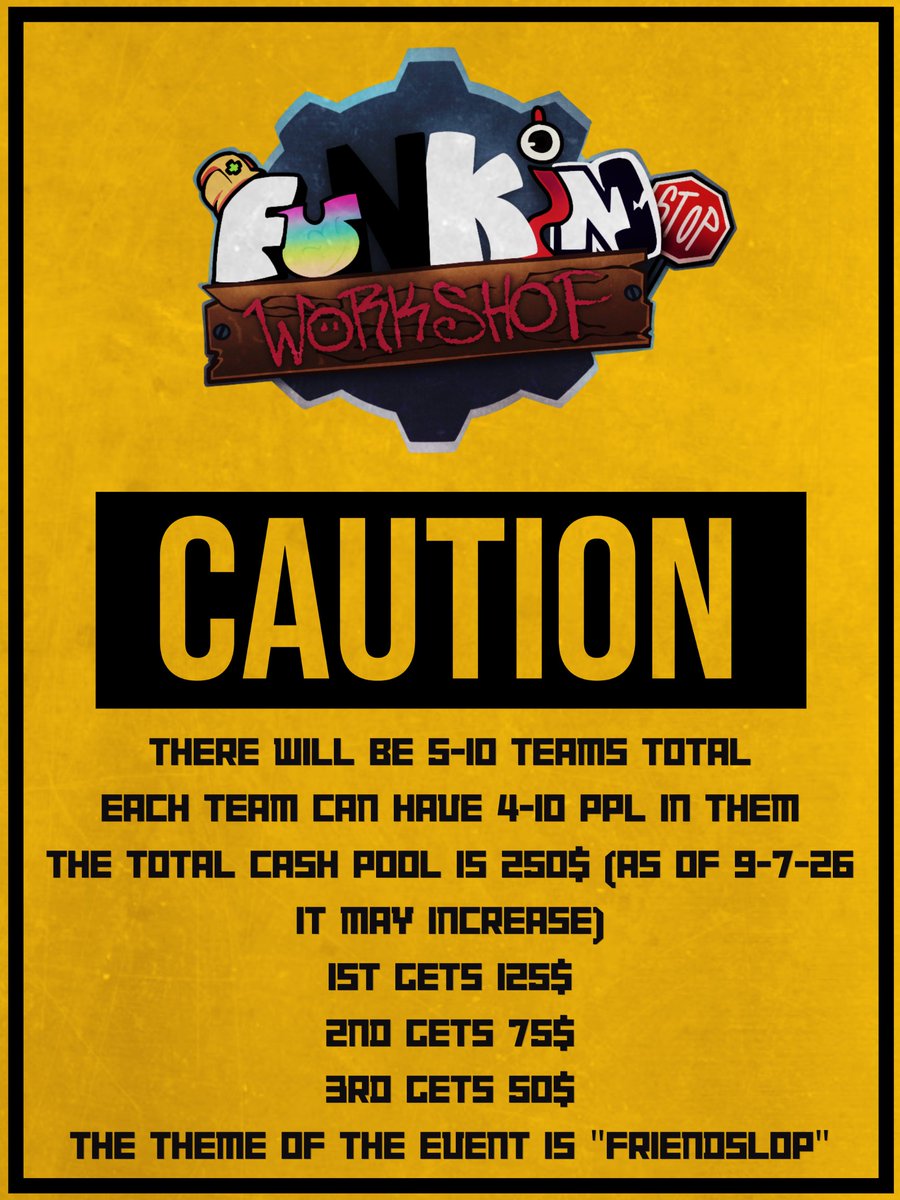 Funkininterview's tweet photo. Hello FNF Modders!!
The Funkin Workshop Mod Jam Is Now Taking Submissions for teams to join!
Details Below and The Join Form link in Replies!
If you have any questions for me or the team let us know!
The form will close Oct 2nd at 4 pm est!
#fnfmodjam #modjam #FunkinWorkshop
Poster by @RomanBear7 
Logo by @ShultzNG 
Oc characters are welcome