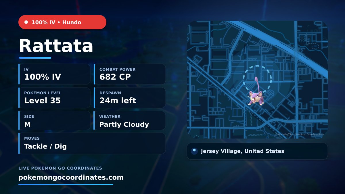 CoordsPokemonGo's tweet photo. Rattata Wild Spawn
💯% IV • 682 CP • Level 35
Size: M
Moves: Tackle/Dig
Weather: Partly Cloudy
Despawns in 24m
📍 29.856296,-95.530193
#PokemonGO • #PoGo • #Rattata https://t.co/30KQuKQBtX