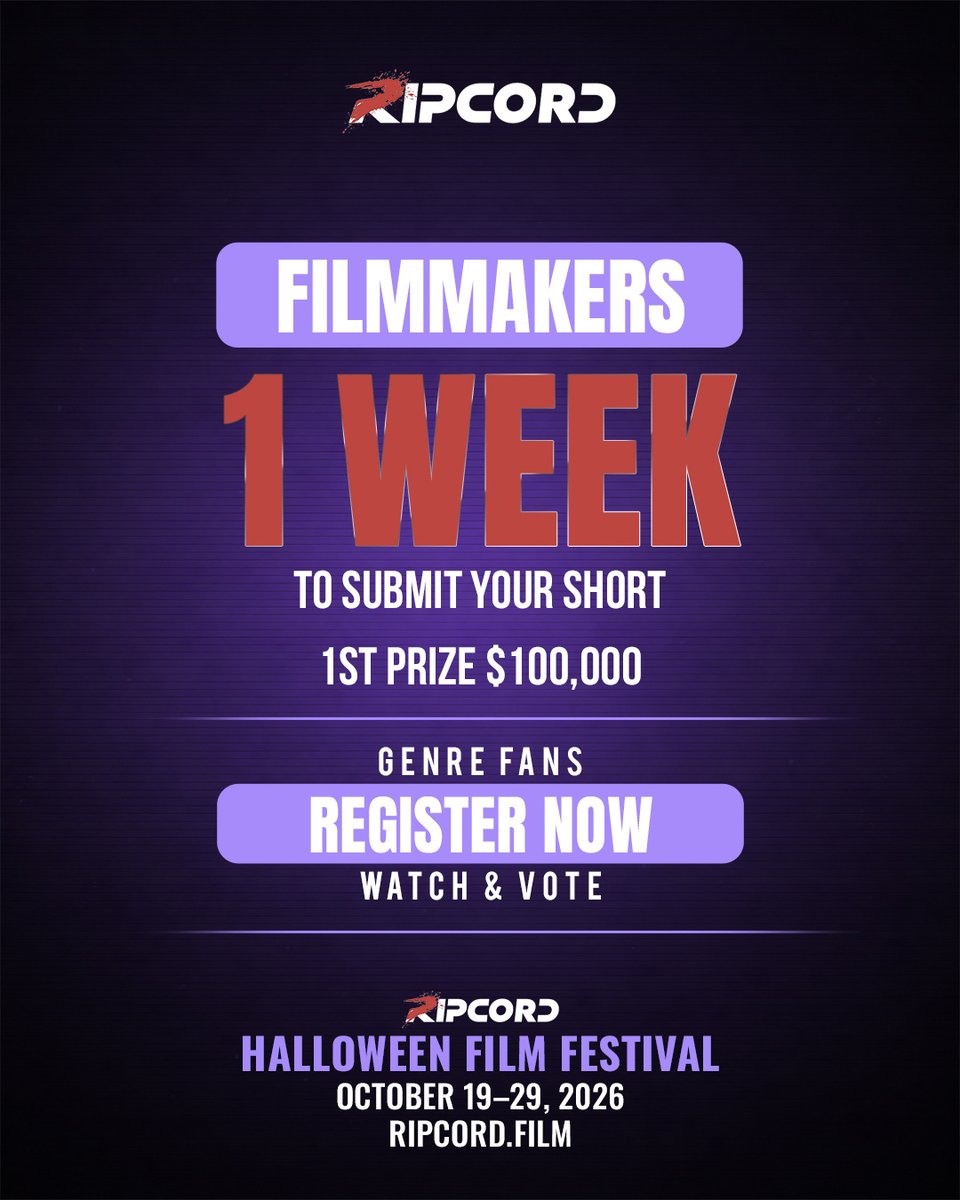 RipcordFilm's tweet photo. Submissions close 10/31 for the Ripcord Halloween Film Festival — $100,000 grand prize, the largest first prize ever awarded for a short film. 
Use code [PULLTHECORD48] for a free submission — genre shorts only, horror/sci-fi/thriller/fantasy - at https://t.co/wb8na0uUrX. https://t.co/Oz3a4PfFvS