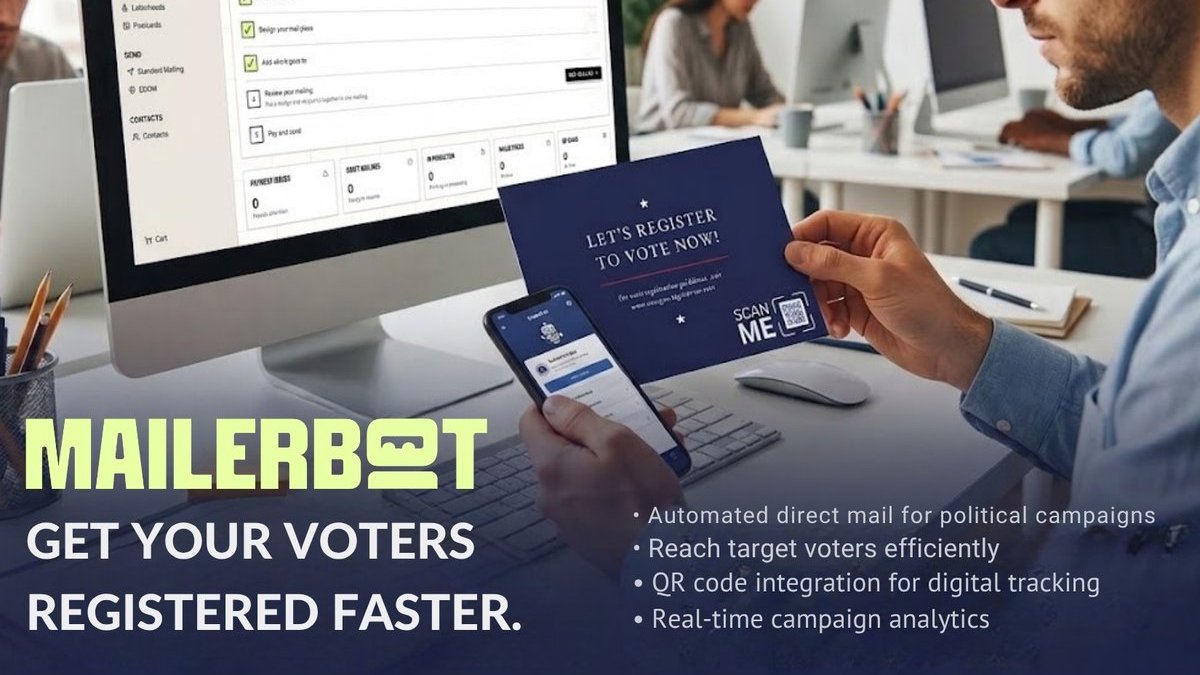 mailerbotcom's tweet photo. Political canvassing doesn’t have to mean complicated mail operations. 

#MailerBot makes it easy to create, personalize, &amp; send postcards at scale. Helping campaigns and organizations manage outreach efficiently.

➡️https://t.co/4gAyHOzWXU

#DirectMail #Political  #B2B #EDDM https://t.co/XWWl6U6IFr