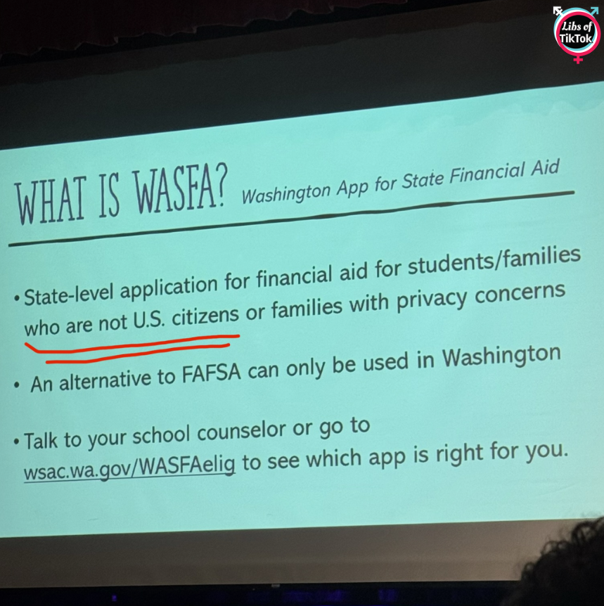 libsoftiktok's tweet photo. INBOX: Seniors at Nooksack High School in WA were reportedly given a presentation on the state's WAFSA program, which allows "non-citizens" to apply for taxpayer-funded student aid.

They want to take your hard-earned dollars and give them to ILLEGAL ALIENS. https://t.co/a579x3hRSE