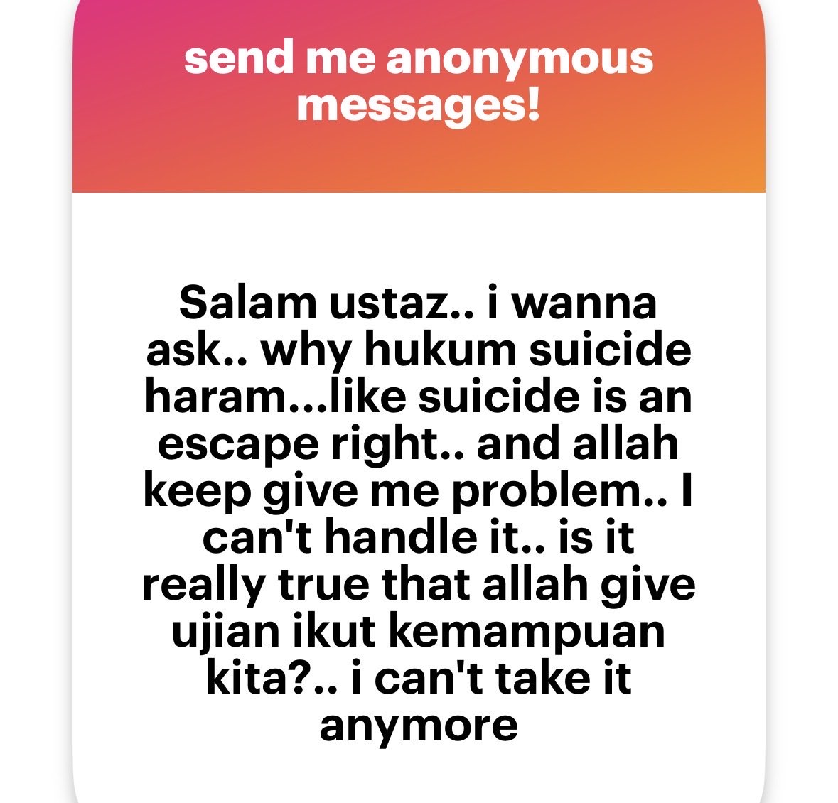 mnasrullah00's tweet photo. Waalaikumussalam 

Are you really sure you can’t handle this? How do you know?

Think about all the hard things you faced before. You thought you couldn’t get through them, but you did.

Allah knows what we can handle. Every test has a reason, and it can make us stronger and closer to Him.

Please don’t give up. Talk to someone you trust. You don’t have to face this alone. 💪🏻