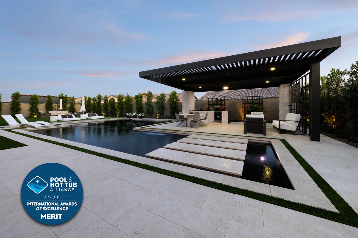 calpool's tweet photo. California Pools &amp; Landscape received a 2026 PHTA International Award of Excellence Merit Award for this modern oasis🏅

With clean lines and sharp corners, this quintessential geometric pool stands out for its contemporary design features and its black Obsidian Pebble interior⚫ https://t.co/IhAltM3ujk
