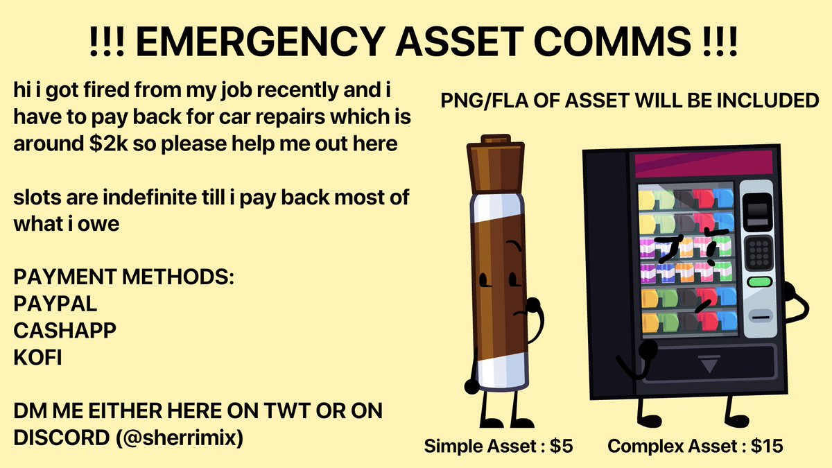 sherrimix's tweet photo. EMERGENCY ASSET C0MMISSIONS ARE OPEN CUZ I NEED TO PAY BACK MY DAD FOR CAR REPAIRS

IF UR UNABLE TO BUY A COMM, PLEASE SPREAD THIS AROUND IF U CAN https://t.co/lWSFEAS3aF