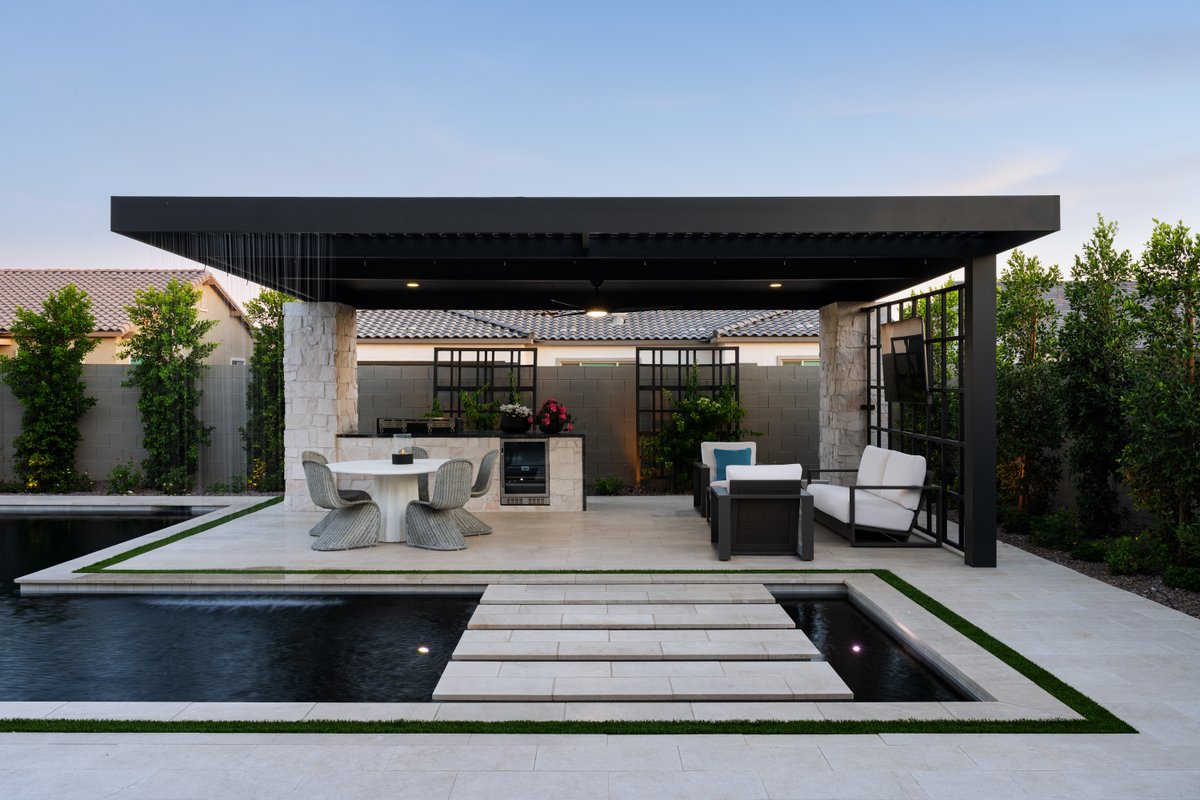 calpool's tweet photo. California Pools &amp; Landscape received a 2026 PHTA International Award of Excellence Merit Award for this modern oasis🏅

With clean lines and sharp corners, this quintessential geometric pool stands out for its contemporary design features and its black Obsidian Pebble interior⚫ https://t.co/IhAltM3ujk